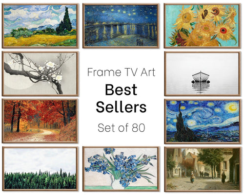 Set of 80 Samsung Frame TV 4K Art. Best Sellers Paintings & Digital Art Ultimate Collection. TV Art Set. Instant Download Frame TV Art displayed on Samsung Frame TV on a living room wall.