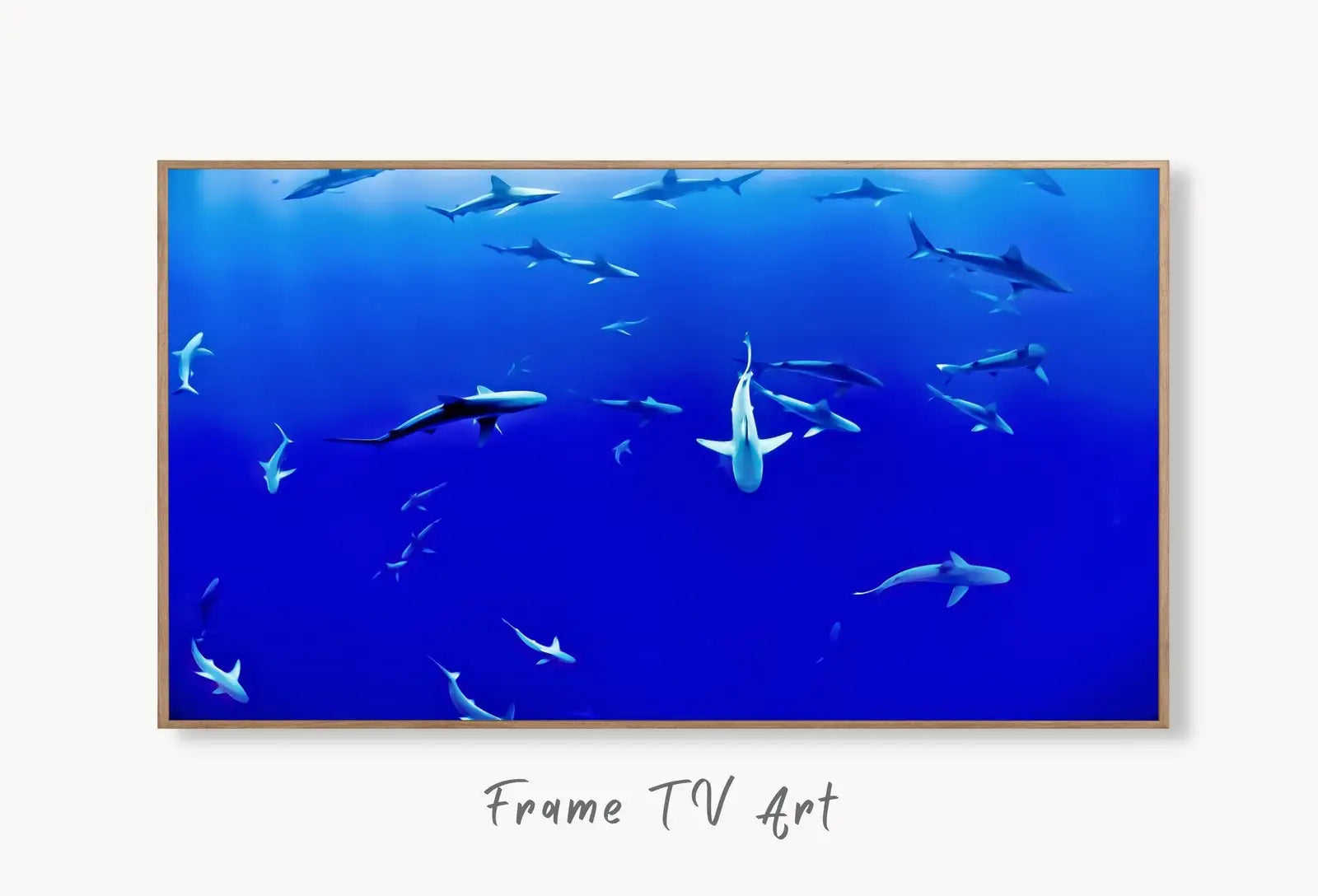 Sharks in Deep Blue Water Frame TV Art Digital Download, Art for Tv, Ocean Wall Art Colorful Art for Frame TV displayed on Samsung Frame TV on a living room wall.