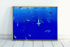 Included artwork preview showing first selection of artworks from Sharks in Deep Blue Water Instant Download Shark Wall Art Poster. Horizontal Printable Wall Art Shark Decor. Nature Wall Art Nautical Decor.