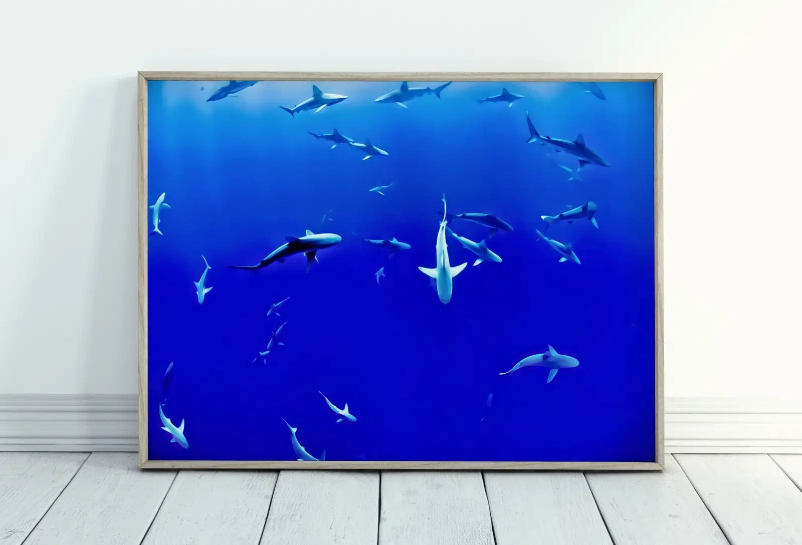 Included artwork preview showing first selection of artworks from Sharks in Deep Blue Water Instant Download Shark Wall Art Poster. Horizontal Printable Wall Art Shark Decor. Nature Wall Art Nautical Decor.