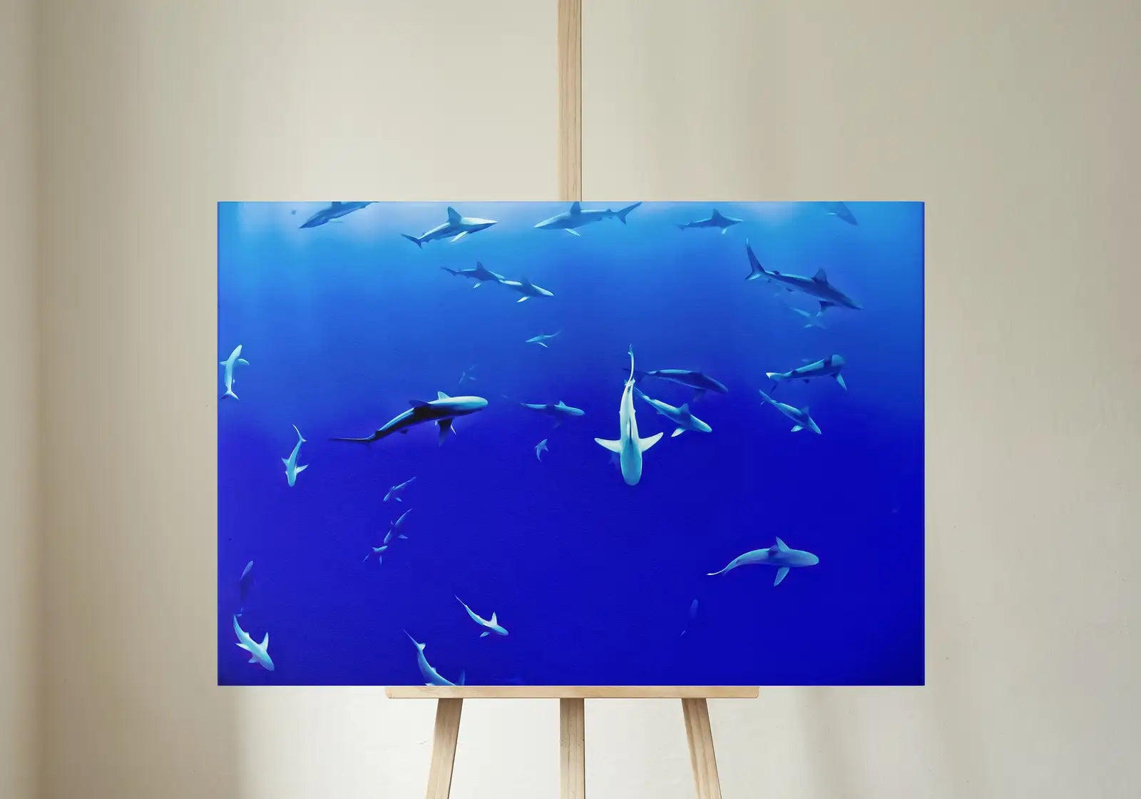 Detail view of artwork from Sharks in Deep Blue Water Instant Download Shark Wall Art Poster. Horizontal Printable Wall Art Shark Decor. Nature Wall Art Nautical Decor. (variation 1)