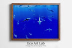 Framed view of Sharks in Deep Blue Water Instant Download Shark Wall Art Poster. Horizontal Printable Wall Art Shark Decor. Nature Wall Art Nautical Decor – printable wall art digital download.