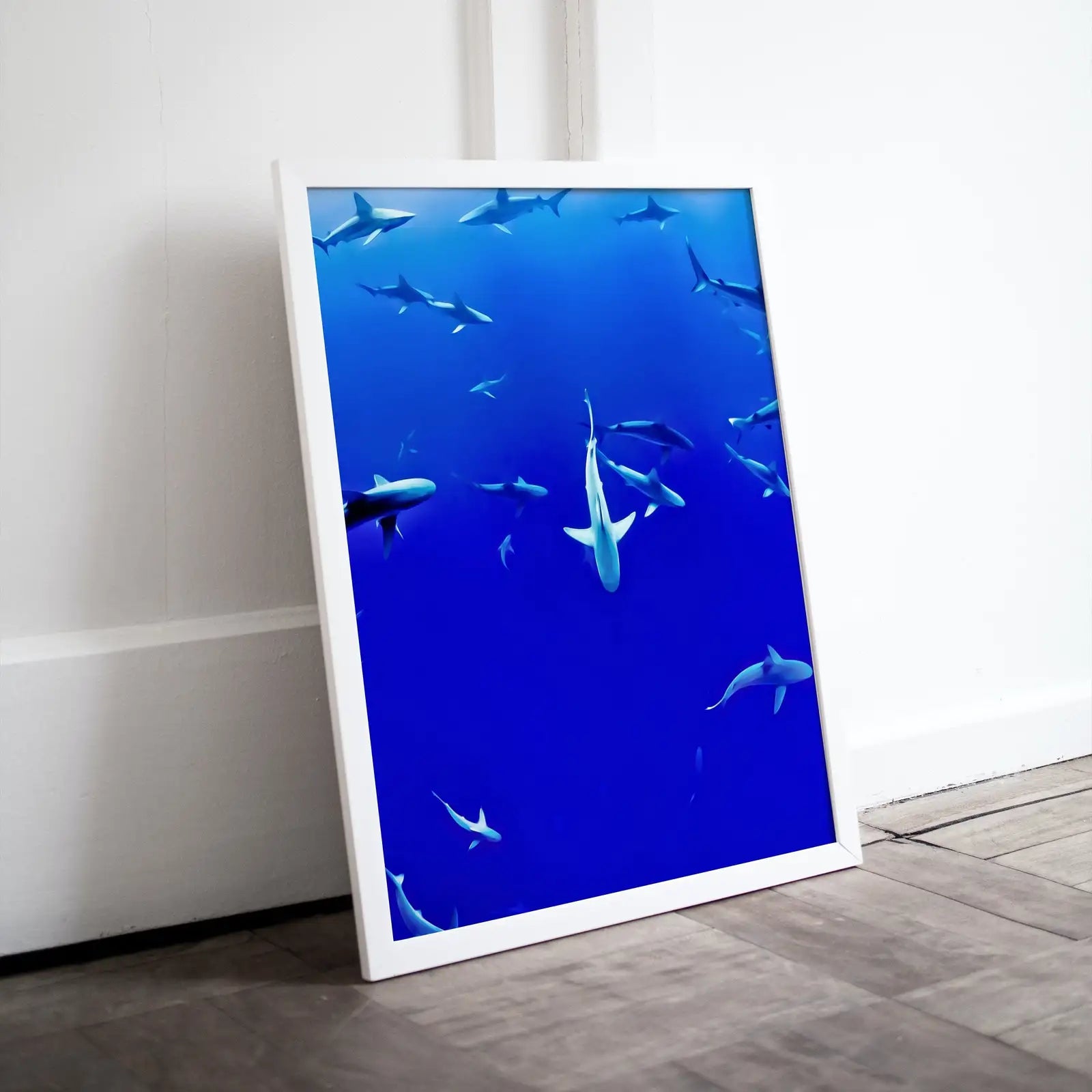 Included artwork preview showing first selection of artworks from Sharks in Deep Blue Water Instant Download Shark Wall Art Poster. Printable Wall Art Shark Decor. Nature Wall Art Nautical Home Decor.