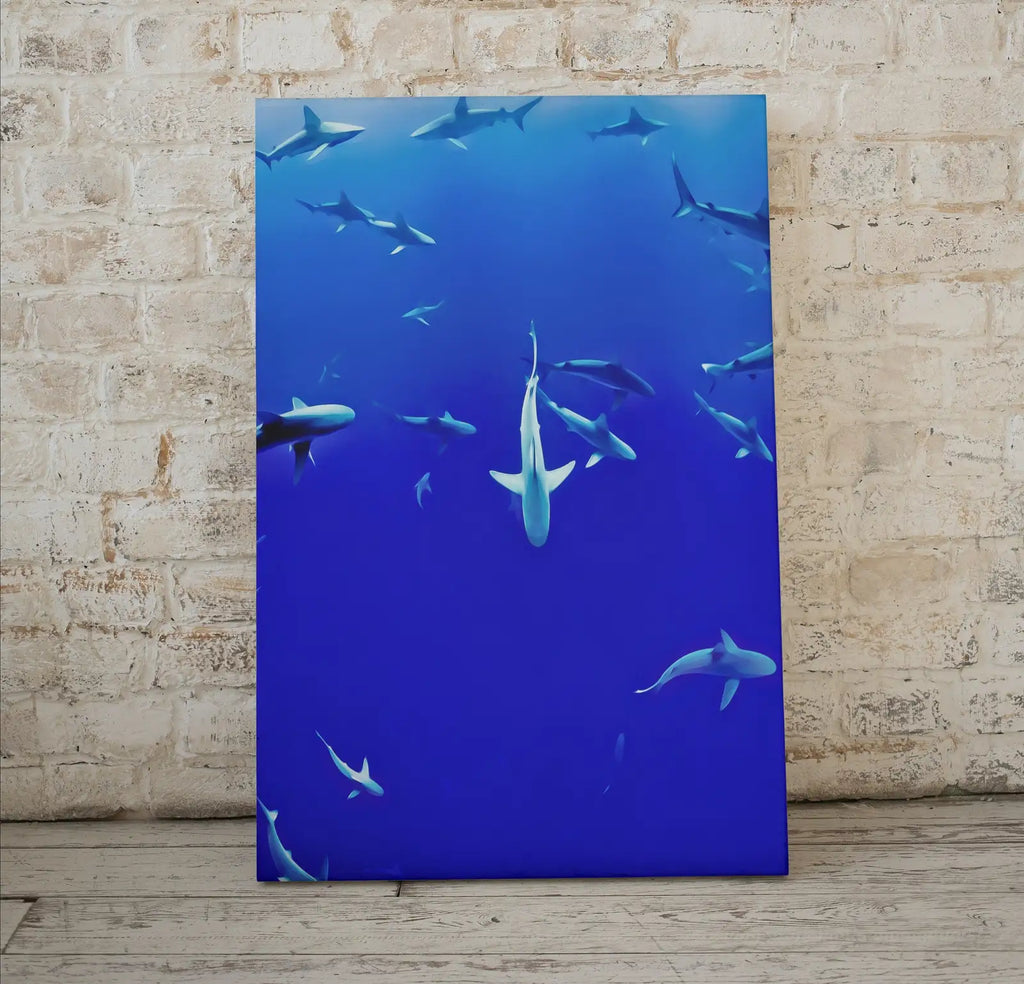 Detail view of artwork from Sharks in Deep Blue Water Instant Download Shark Wall Art Poster. Printable Wall Art Shark Decor. Nature Wall Art Nautical Home Decor. (variation 1)