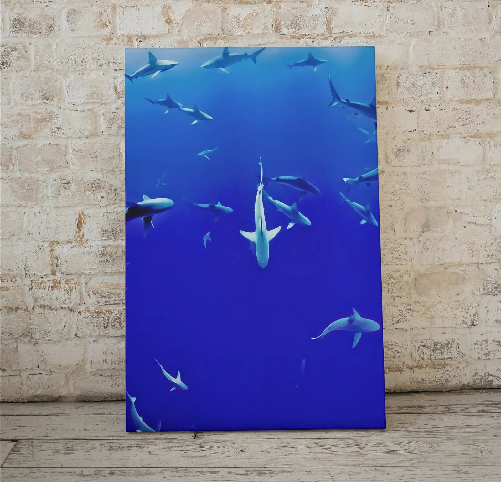 Detail view of artwork from Sharks in Deep Blue Water Instant Download Shark Wall Art Poster. Printable Wall Art Shark Decor. Nature Wall Art Nautical Home Decor. (variation 1)