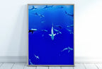 Detail view of artwork from Sharks in Deep Blue Water Instant Download Shark Wall Art Poster. Printable Wall Art Shark Decor. Nature Wall Art Nautical Home Decor. (variation 2)