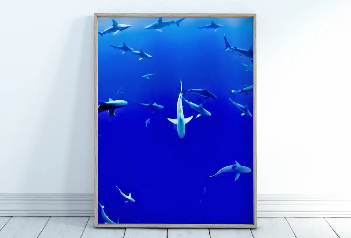 Detail view of artwork from Sharks in Deep Blue Water Instant Download Shark Wall Art Poster. Printable Wall Art Shark Decor. Nature Wall Art Nautical Home Decor. (variation 2)
