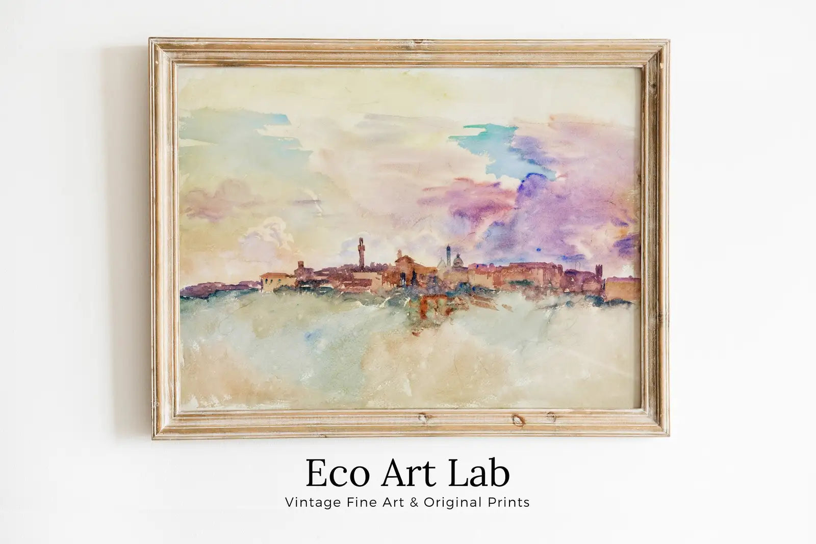 Framed view of Siena Italy Pastel Watercolor Vintage Abstract Landscape Printable Wall Art. Italy Digital Download Art. Vintage Home Decor, Retro Print – printable wall art digital download.