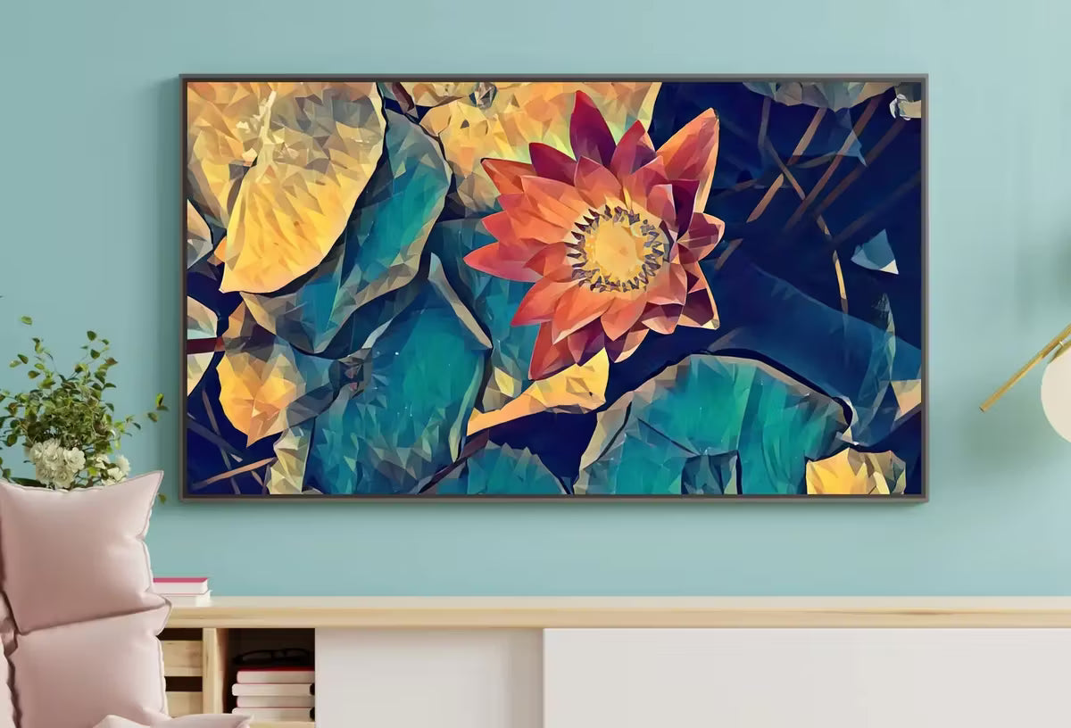 Single Lotus Flower and Leaves Digital Painting, Frame TV Art , Digital Art for Tv, Colorful Art for Frame TV – Frame TV  Art