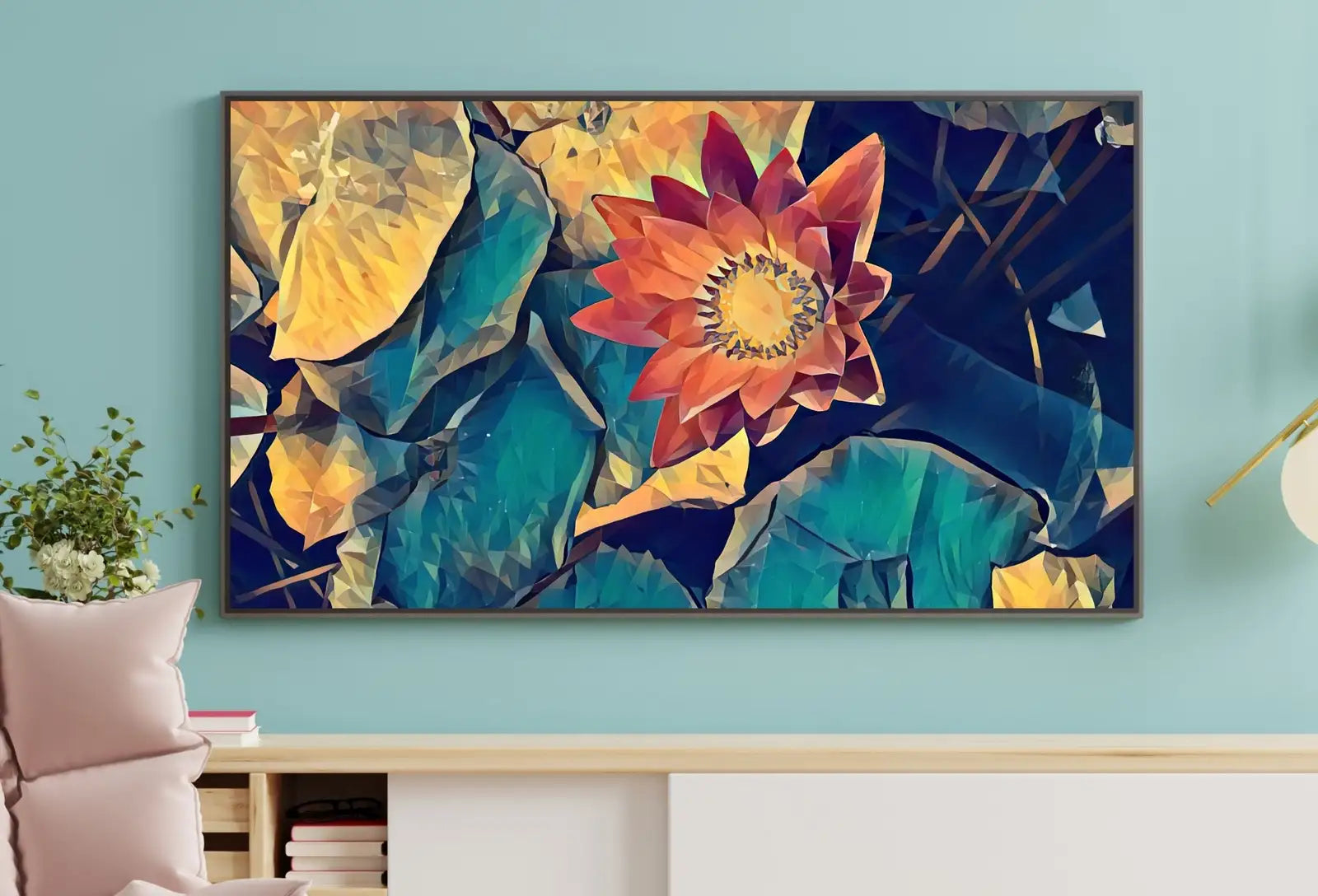 Detail view of artwork from Single Lotus Flower and Leaves Digital Painting, Frame TV Art Digital Download, Digital Art for Tv, Colorful Art for Frame TV. (variation 1)