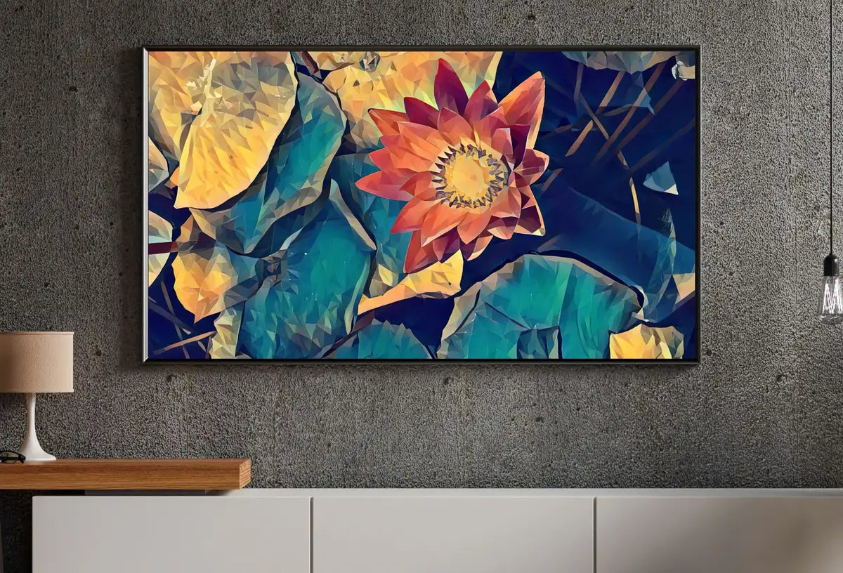 Detail view of artwork from Single Lotus Flower and Leaves Digital Painting, Frame TV Art Digital Download, Digital Art for Tv, Colorful Art for Frame TV. (variation 2)