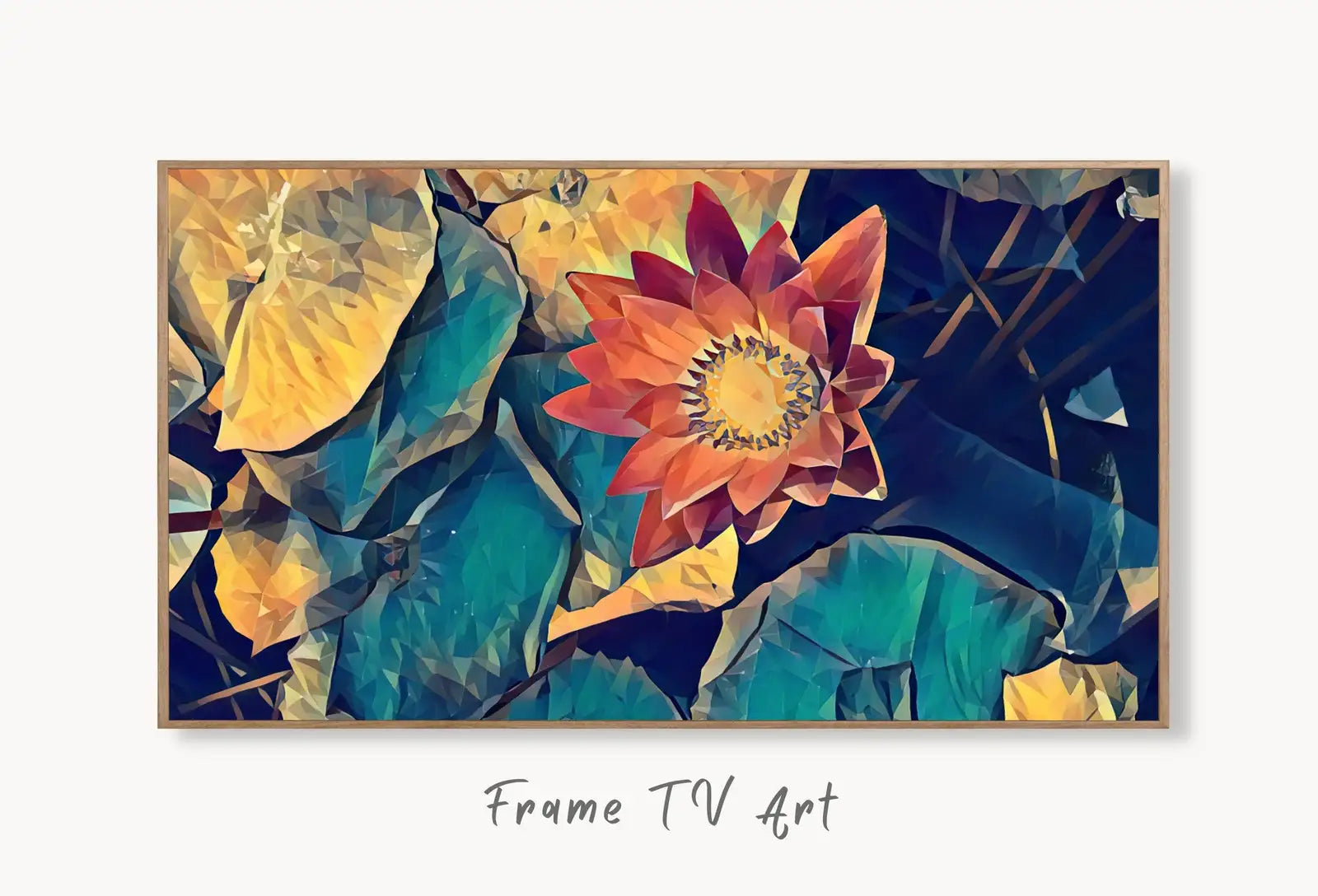 Single Lotus Flower and Leaves Digital Painting, Frame TV Art Digital Download, Digital Art for Tv, Colorful Art for Frame TV displayed on Samsung Frame TV on a living room wall.