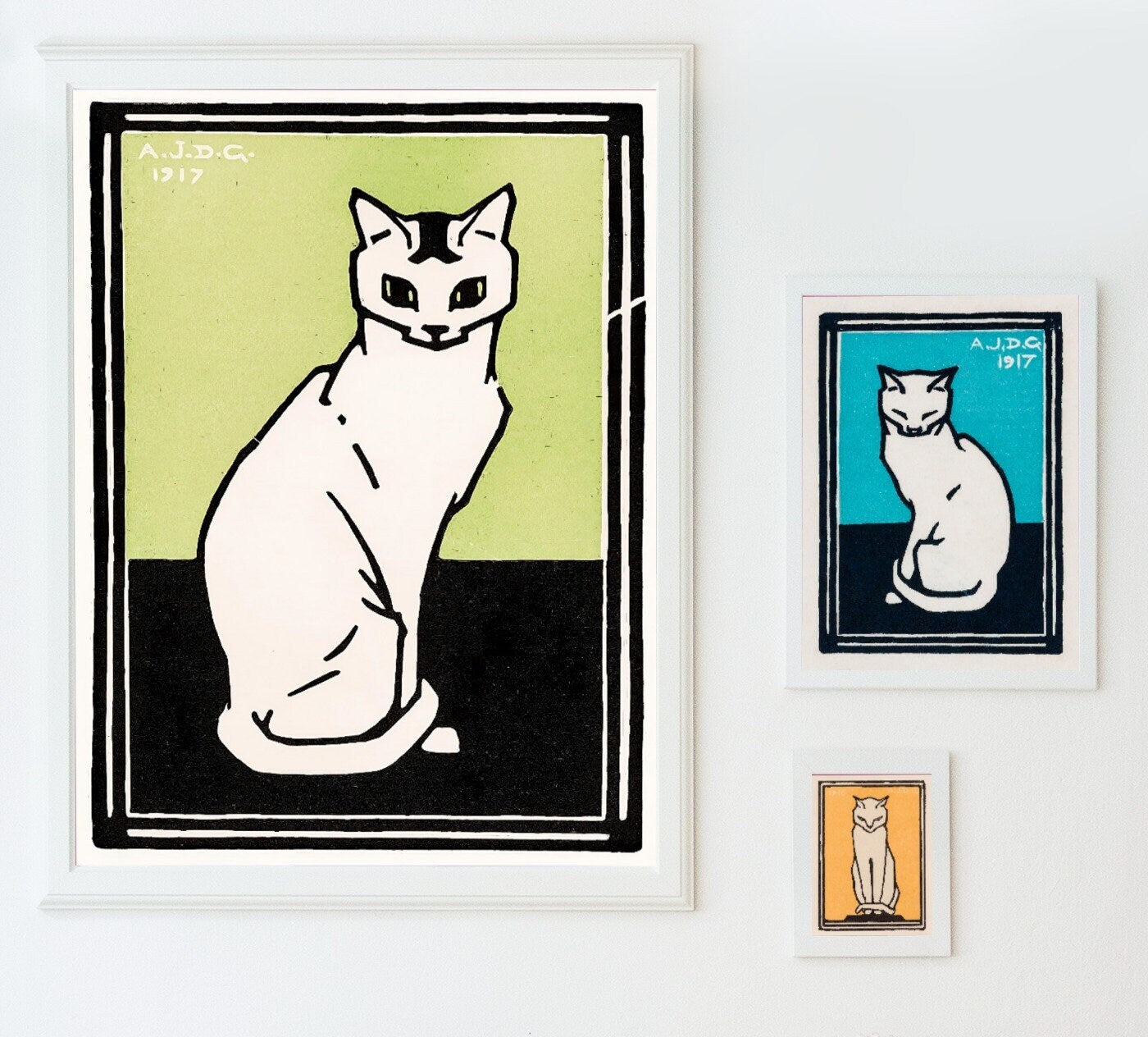 Included artwork preview showing first selection of artworks from Sitting Cats Set of 3 Prints Vintage Art Nouveau Prints Gallery Wall Set. Instant Download Cat Paintings Julie De Graag Printable Wall Art.