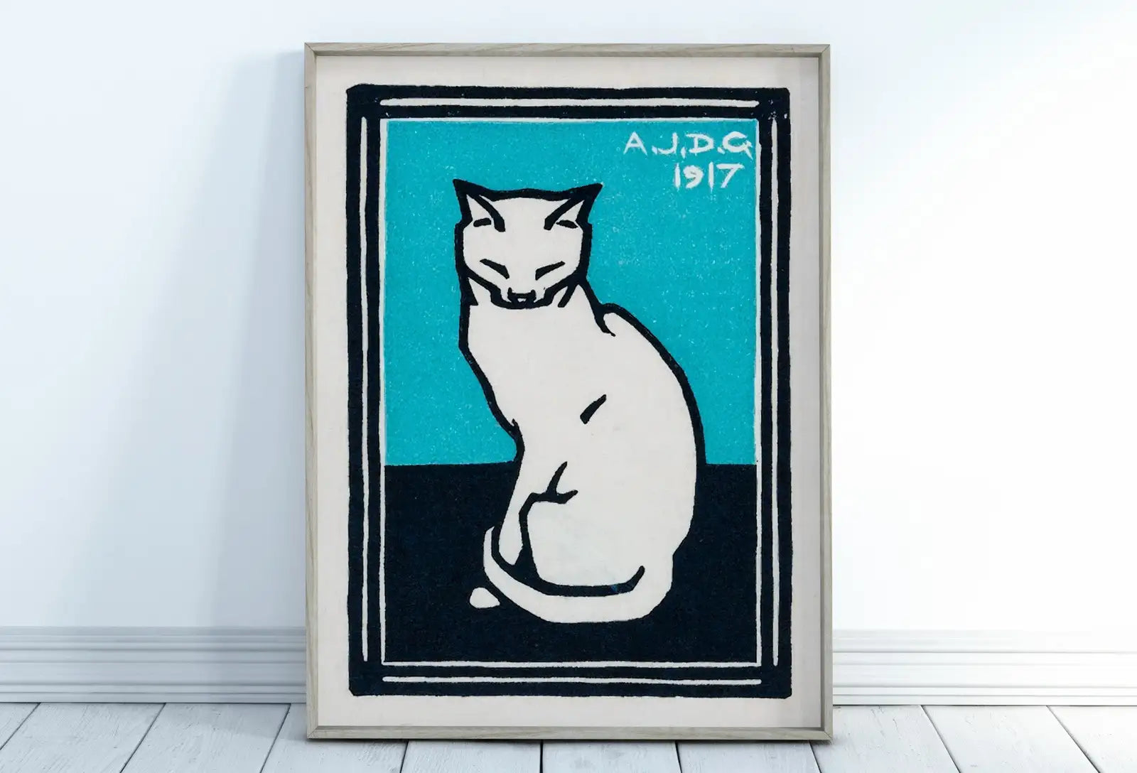 Detail view of artwork from Sitting Cats Set of 3 Prints Vintage Art Nouveau Prints Gallery Wall Set. Instant Download Cat Paintings Julie De Graag Printable Wall Art. (variation 1)