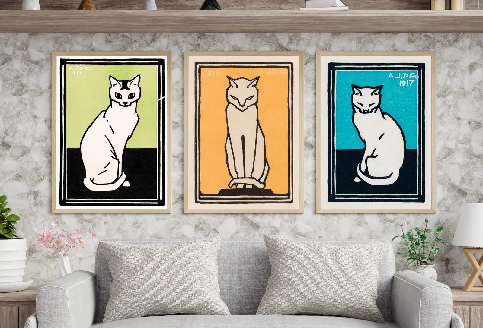 Second included artwork preview from Sitting Cats Set of 3 Prints Vintage Art Nouveau Prints Gallery Wall Set. Instant Download Cat Paintings Julie De Graag Printable Wall Art featuring various scenes.