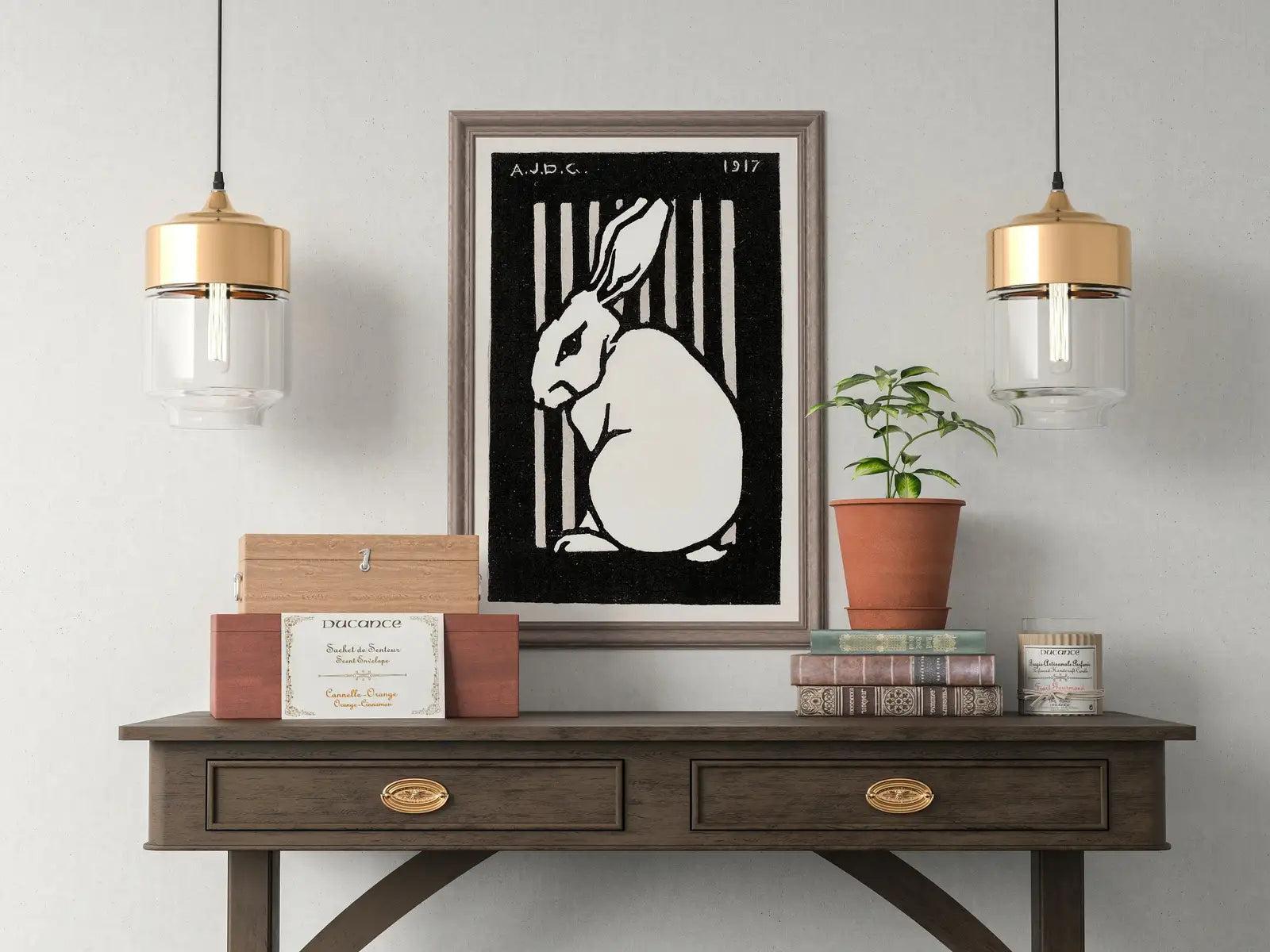 Detail view of artwork from Sitting Rabbit Vintage Art Nouveau Print Wall Art. Instant Download Rabbit Painting Julie De Graag Printable Wall Art, Art Nouveau Poster. (variation 1)