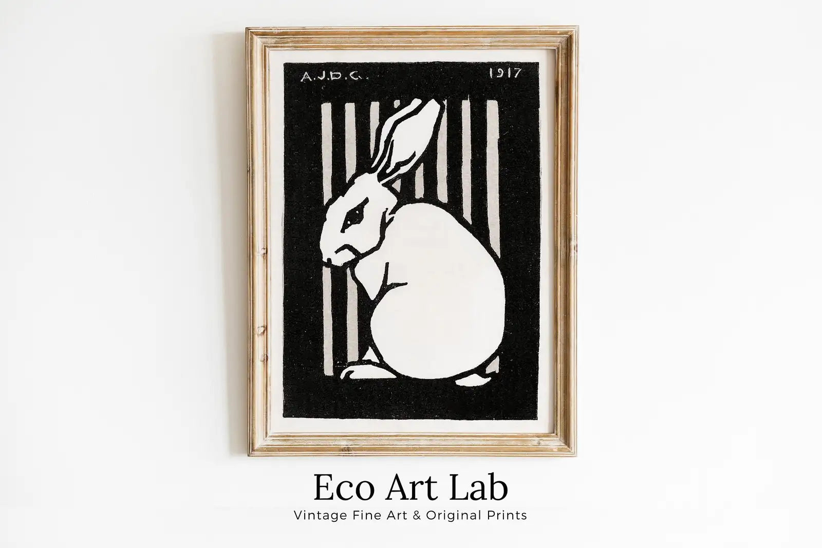 Framed view of Sitting Rabbit Vintage Art Nouveau Print Wall Art. Instant Download Rabbit Painting Julie De Graag Printable Wall Art, Art Nouveau Poster – printable wall art digital download.