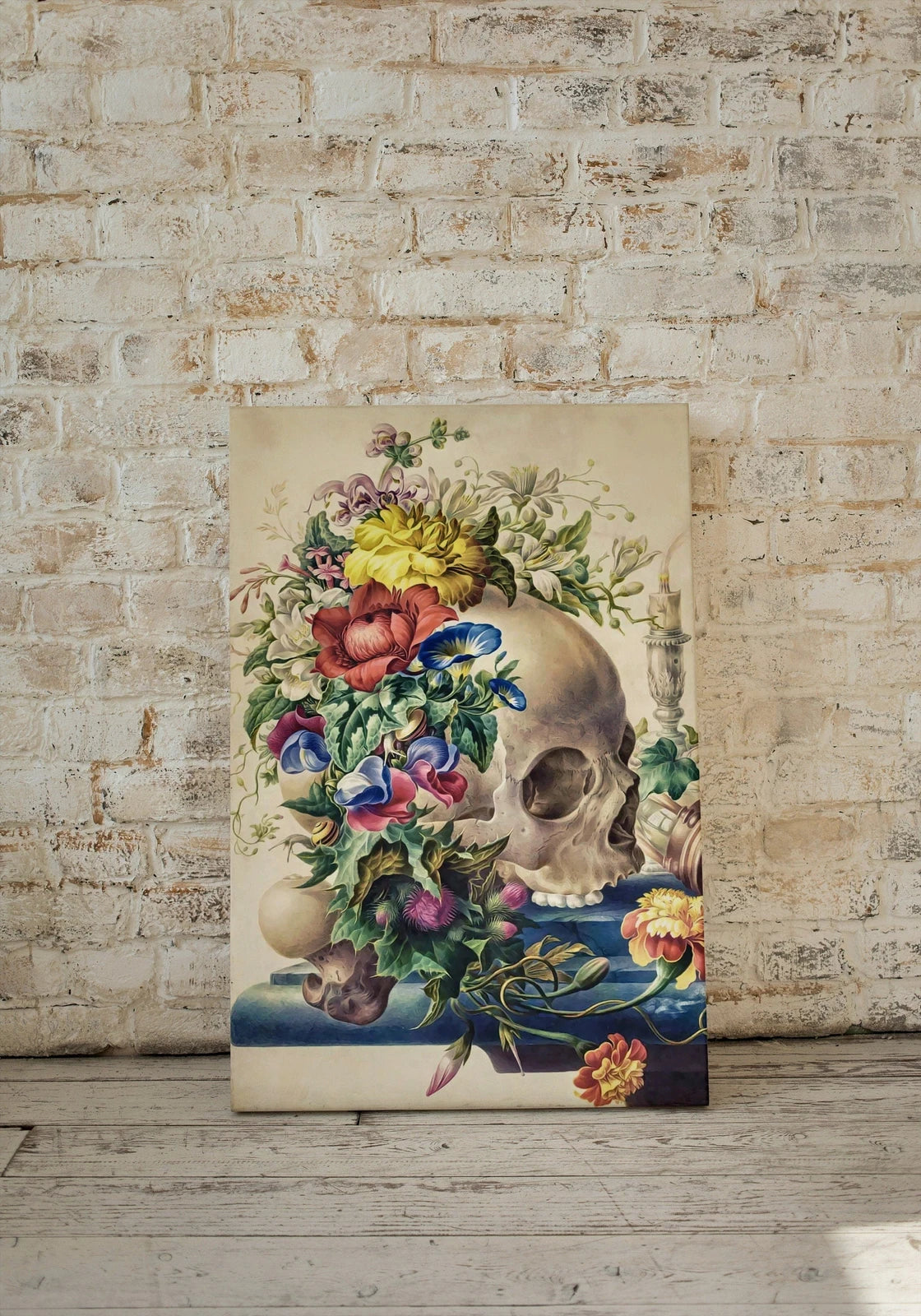 Detail view of artwork from Skull Painting Printable Wall Art, Vintage Skull With Colorful Flowers, Floral Skull Print, Digital Download, Skull Wall Decor Poster. (variation 1)