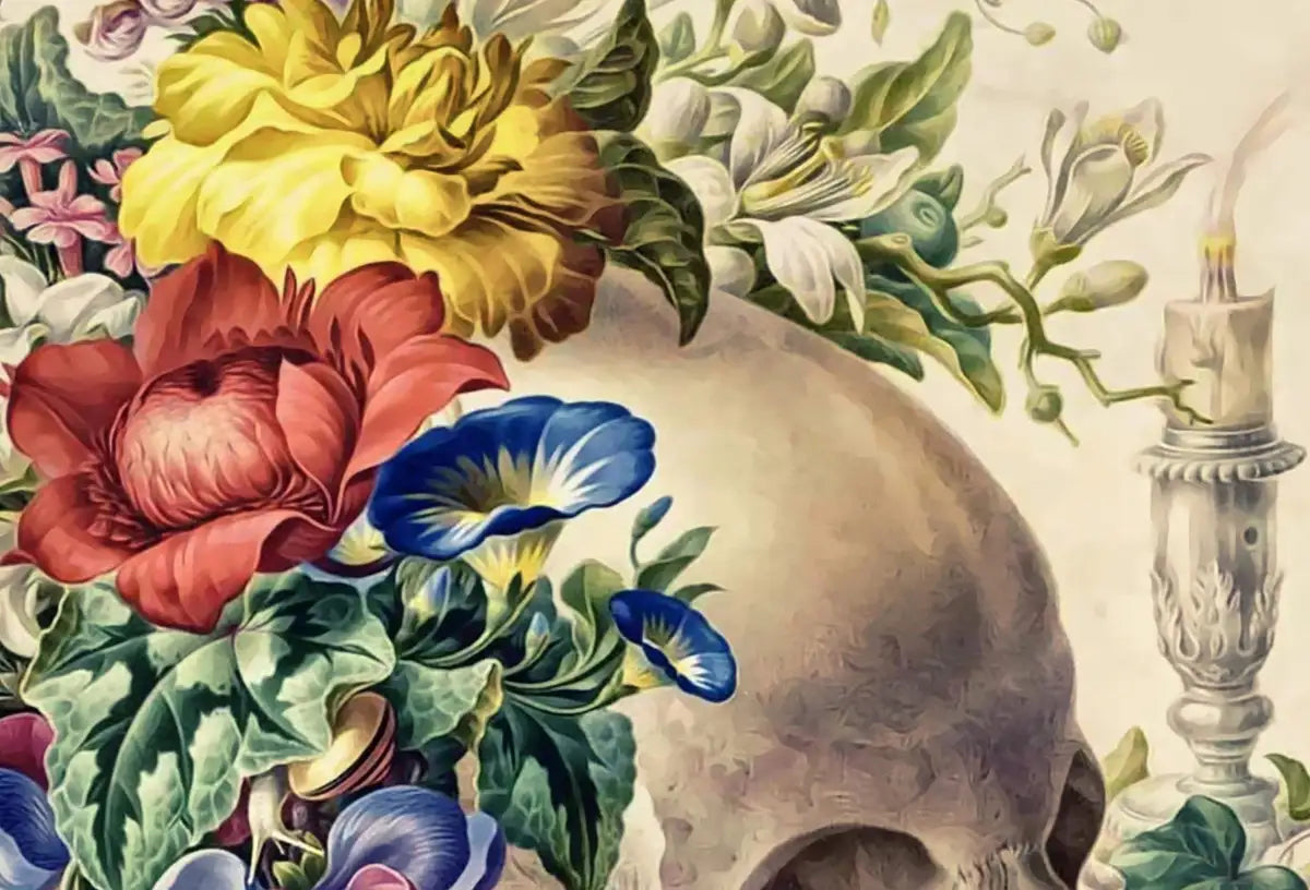 Detail view of artwork from Skull Painting Printable Wall Art, Vintage Skull With Colorful Flowers, Floral Skull Print, Digital Download, Skull Wall Decor Poster. (variation 2)