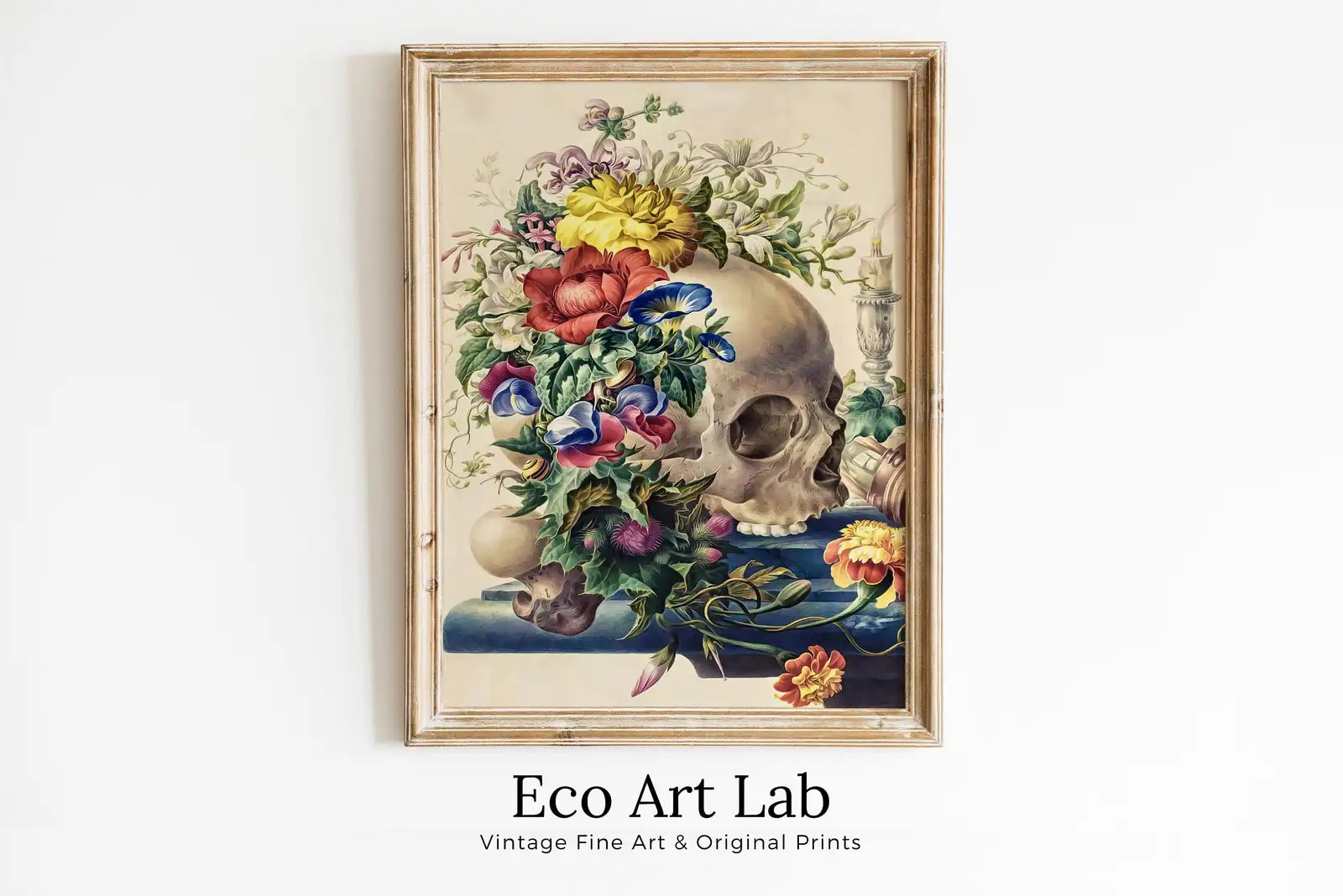 Framed view of Skull Painting Printable Wall Art, Vintage Skull With Colorful Flowers, Floral Skull Print, Digital Download, Skull Wall Decor Poster – printable wall art digital download.