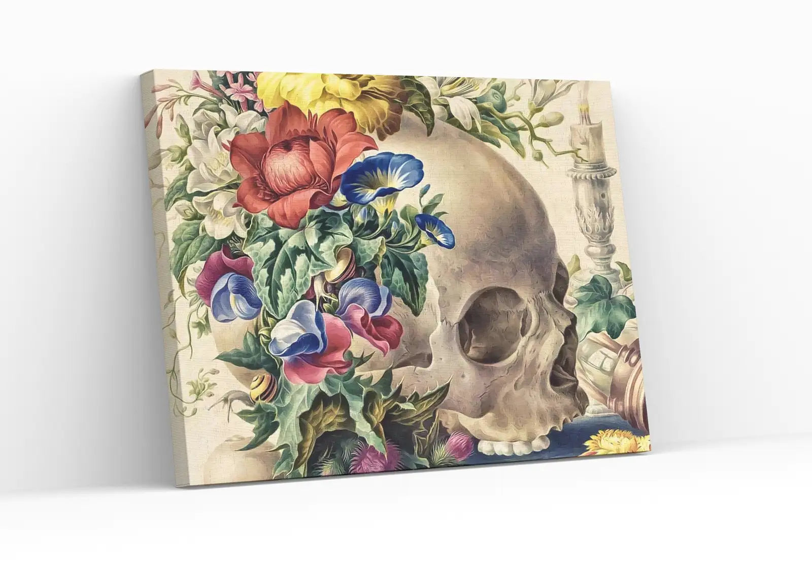 Detail view of artwork from Skull Painting Printable Wall Art, Vintage Skull With Colorful Flowers. Floral Skull Print Digital Download Skull Wall Decor Skeleton Poster. (variation 1)