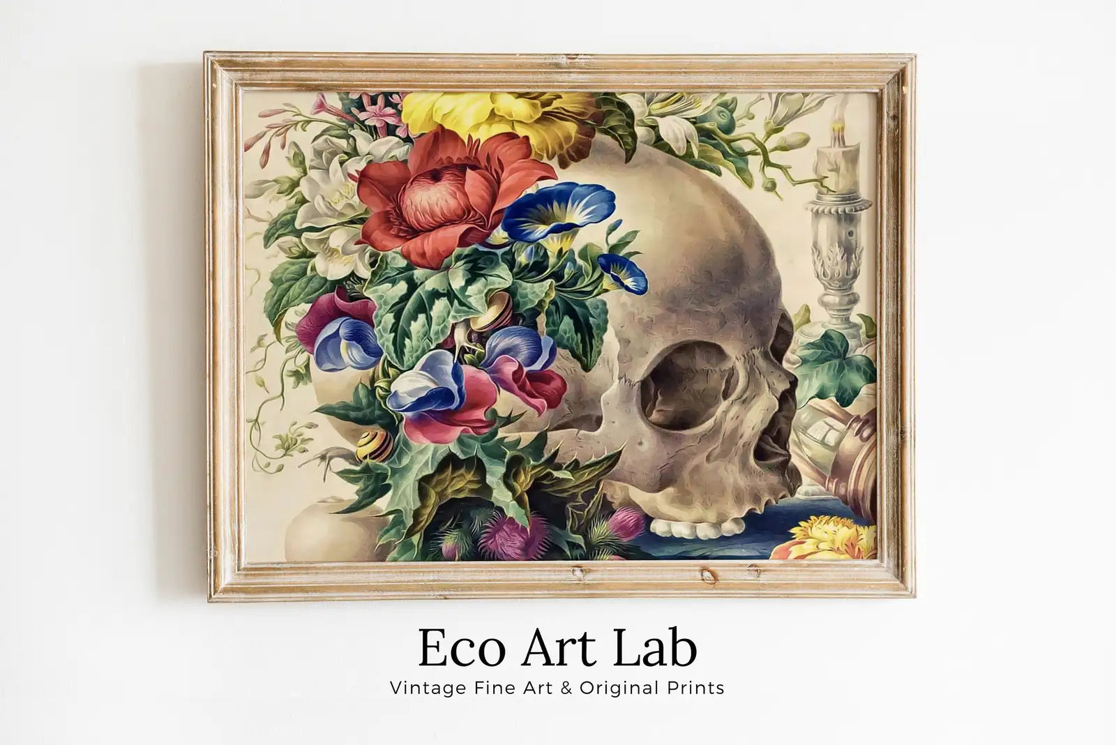 Framed view of Skull Painting Printable Wall Art, Vintage Skull With Colorful Flowers. Floral Skull Print Digital Download Skull Wall Decor Skeleton Poster – printable wall art digital download.