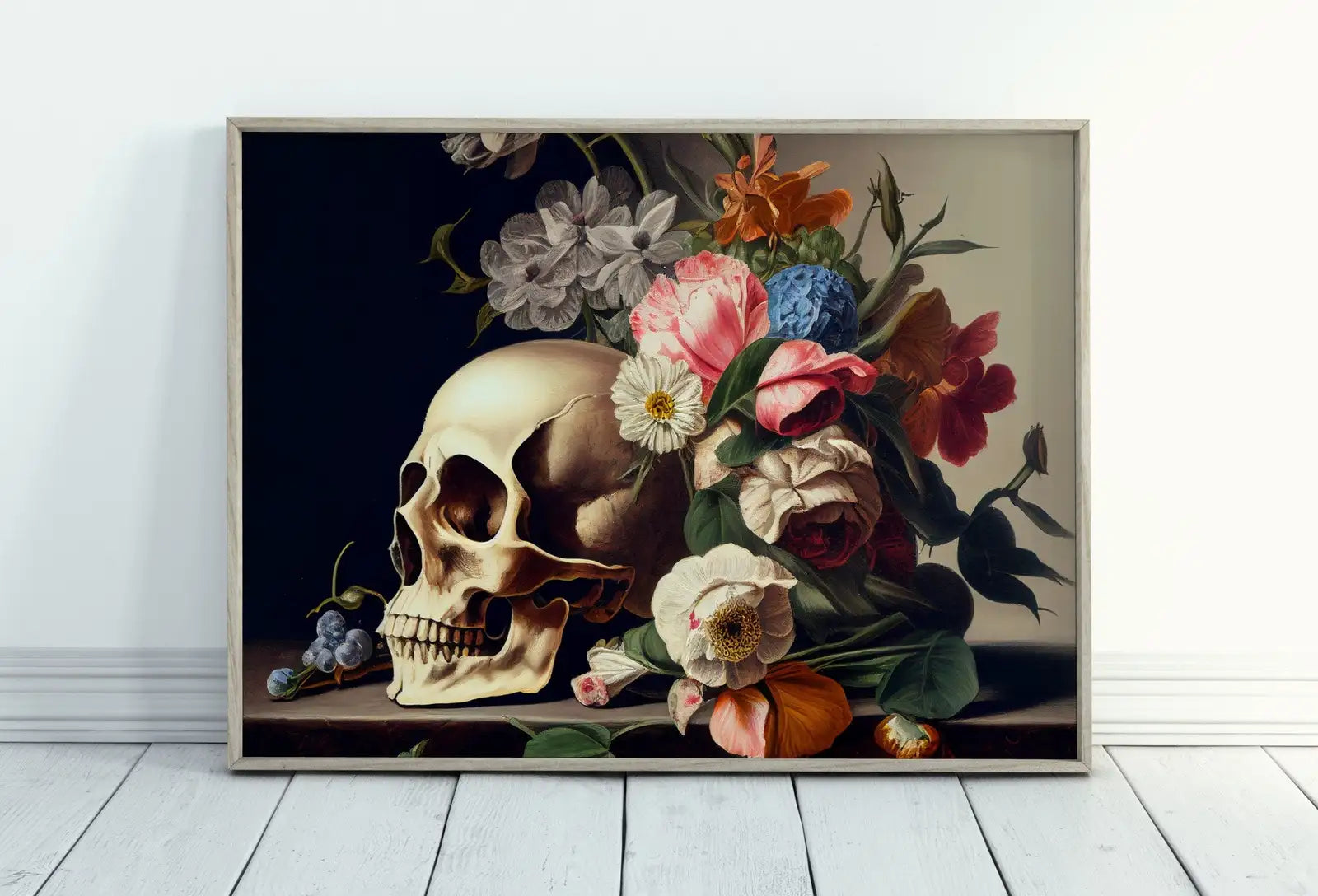 Included artwork preview showing first selection of artworks from Skull Painting Printable Wall Art. Vintage Style Skull & Colorful Flowers. Floral Skull Print Digital Download. Skull Wall Decor Poster #11.