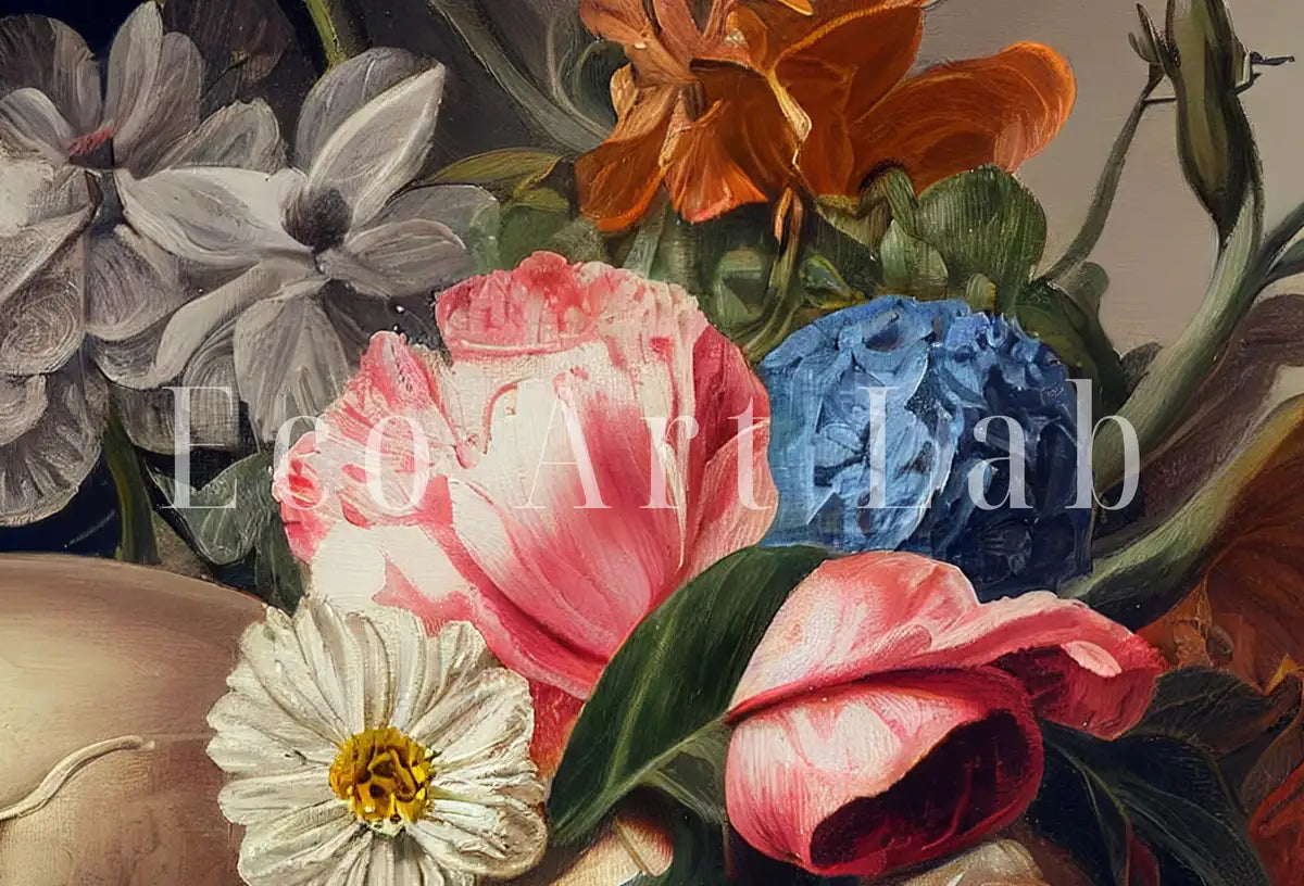 Detail view of artwork from Skull Painting Printable Wall Art. Vintage Style Skull & Colorful Flowers. Floral Skull Print Digital Download. Skull Wall Decor Poster #11. (variation 2)