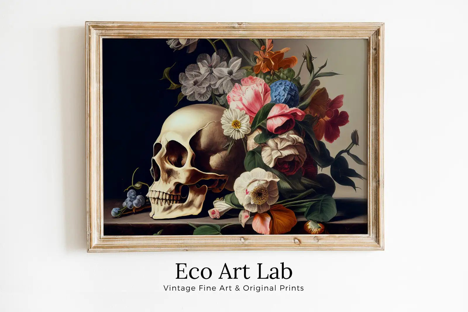 Framed view of Skull Painting Printable Wall Art. Vintage Style Skull & Colorful Flowers. Floral Skull Print Digital Download. Skull Wall Decor Poster #11 – printable wall art digital download.