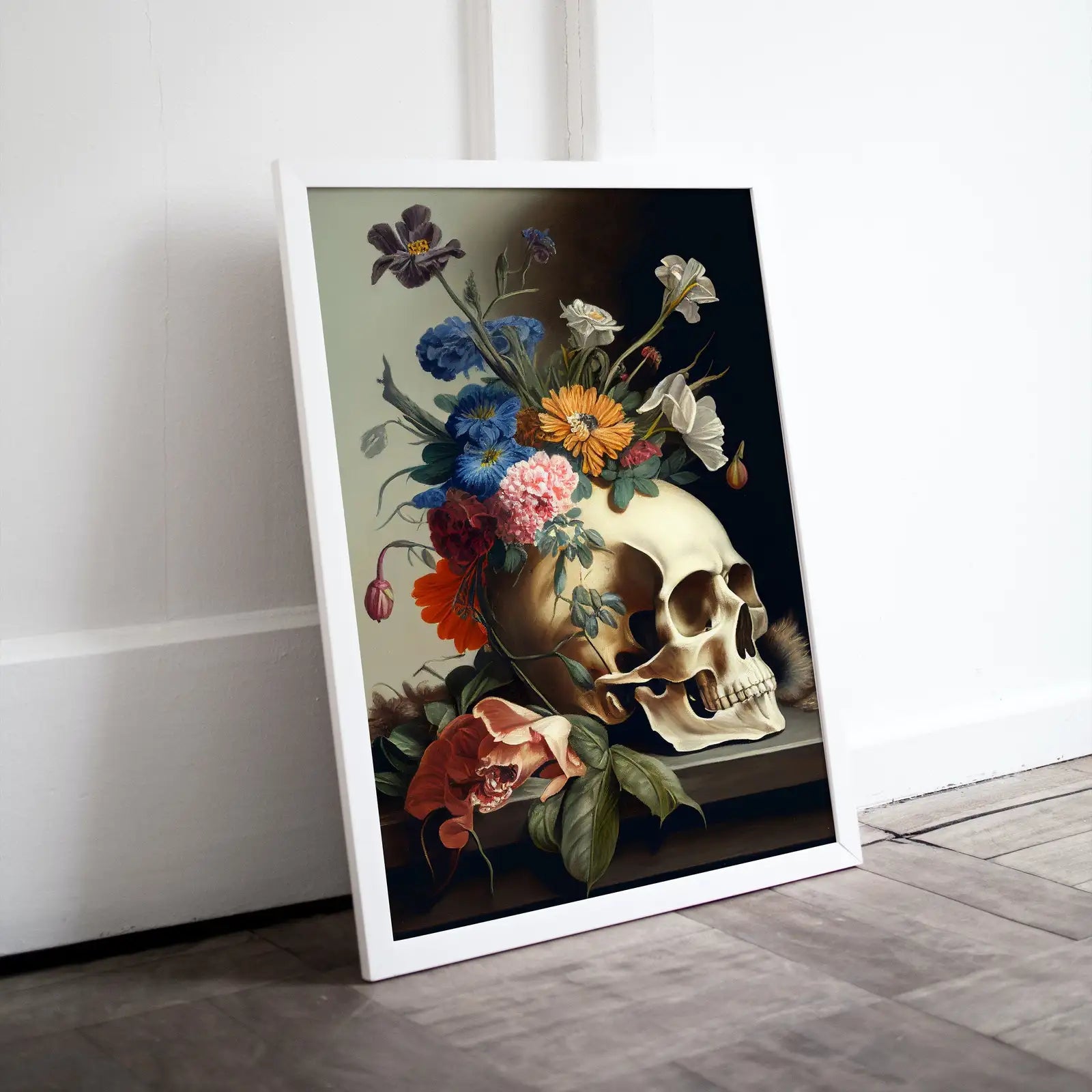 Included artwork preview showing first selection of artworks from Skull Painting Printable Wall Art. Vintage Style Skull & Colorful Flowers. Floral Skull Print Digital Download. Skull Wall Decor Poster #8.