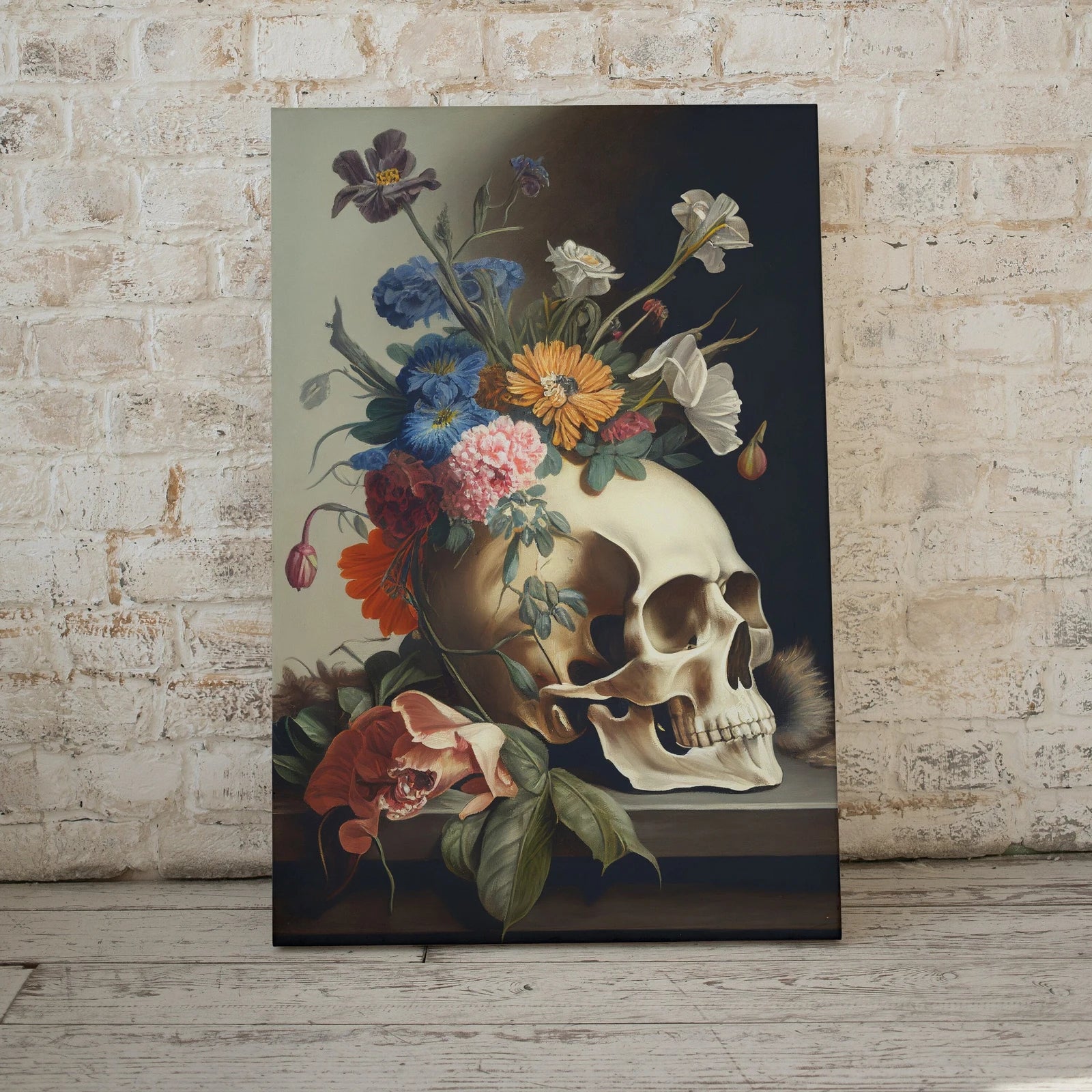 Detail view of artwork from Skull Painting Printable Wall Art. Vintage Style Skull & Colorful Flowers. Floral Skull Print Digital Download. Skull Wall Decor Poster #8. (variation 1)