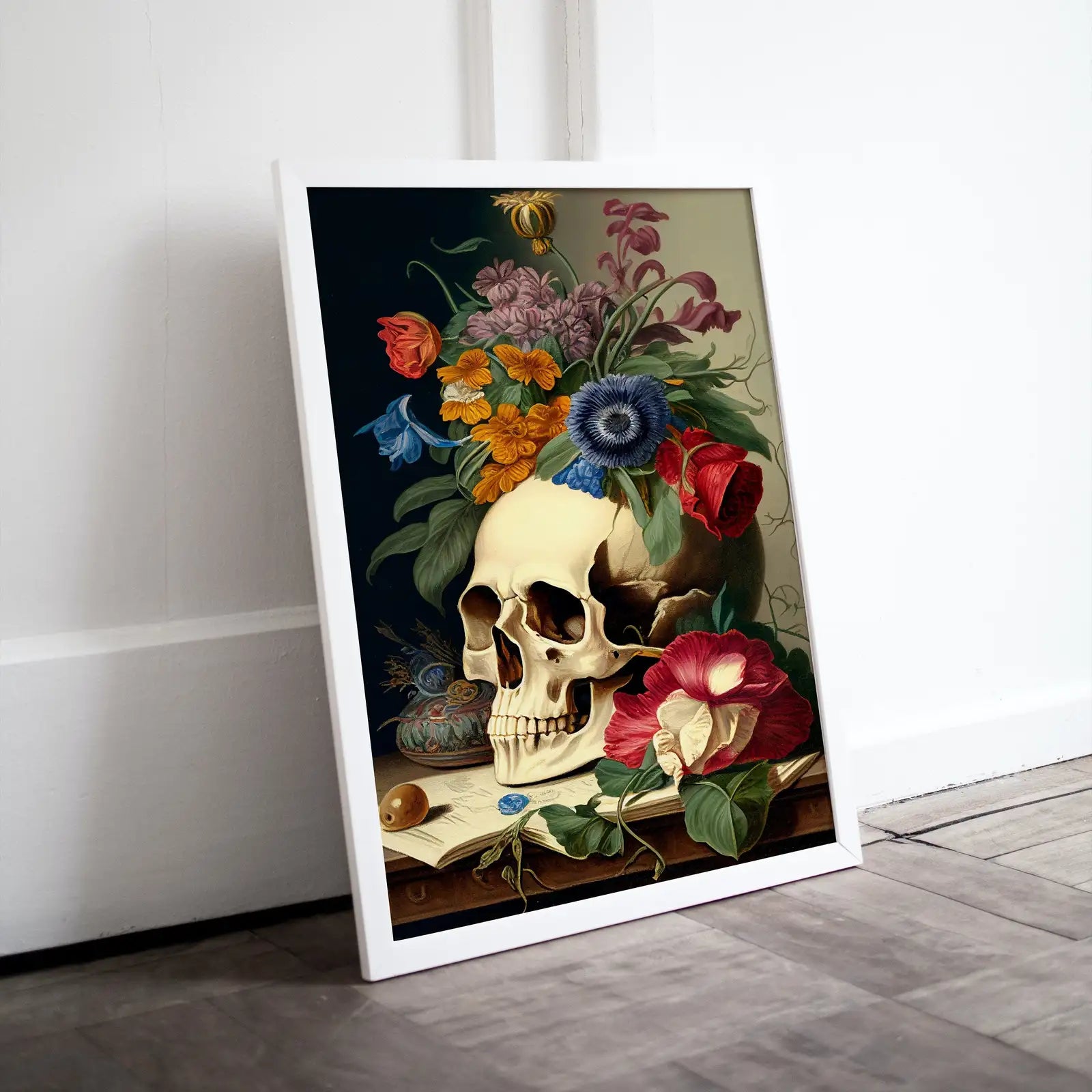 Included artwork preview showing first selection of artworks from Skull Painting Printable Wall Art. Vintage Style Skull & Colorful Flowers. Floral Skull Print Digital Download. Skull Wall Decor Poster #9.