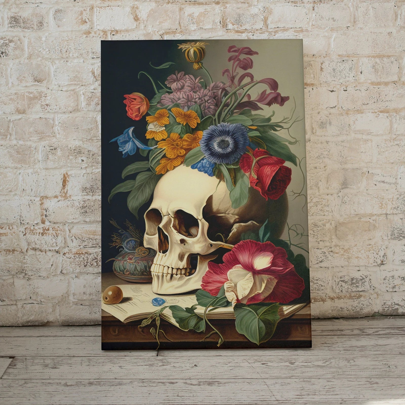 Detail view of artwork from Skull Painting Printable Wall Art. Vintage Style Skull & Colorful Flowers. Floral Skull Print Digital Download. Skull Wall Decor Poster #9. (variation 1)