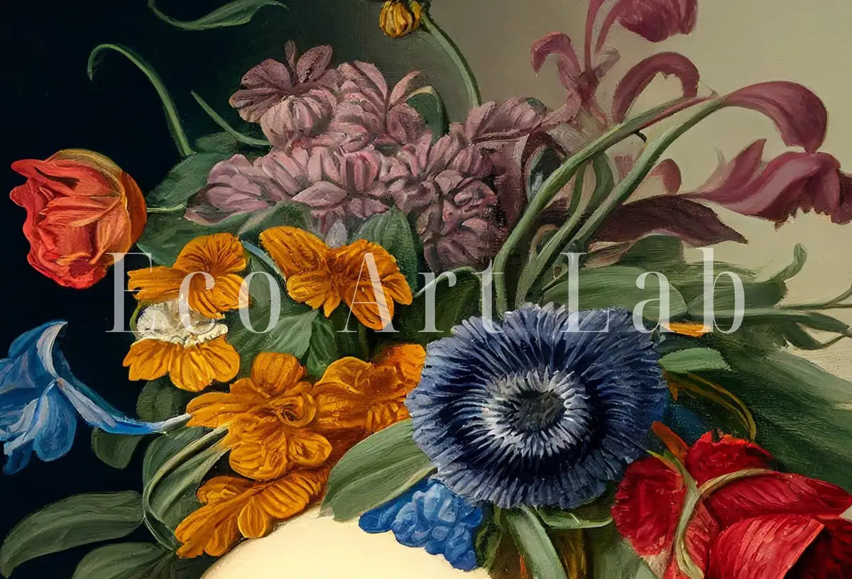Detail view of artwork from Skull Painting Printable Wall Art. Vintage Style Skull & Colorful Flowers. Floral Skull Print Digital Download. Skull Wall Decor Poster #9. (variation 2)