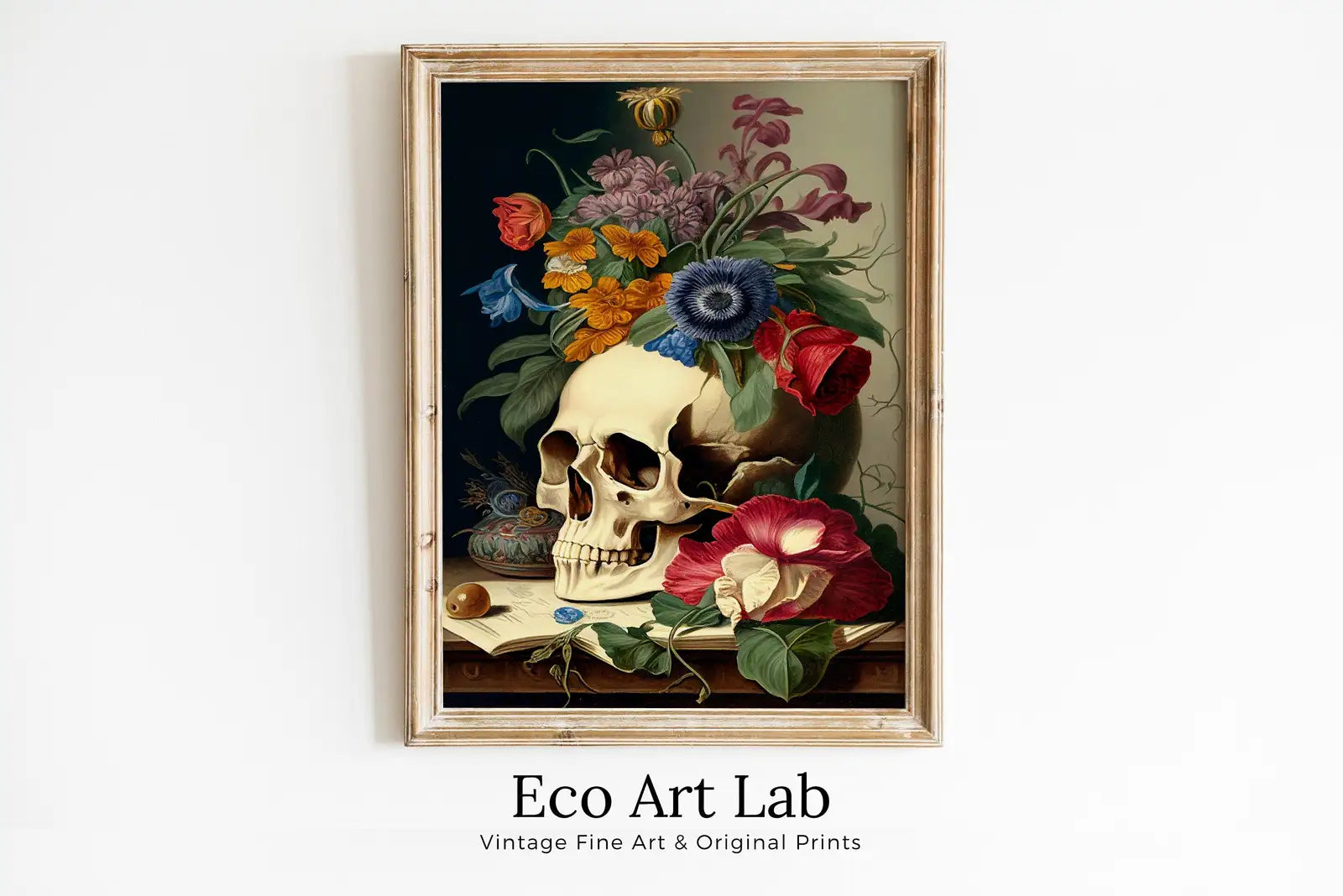 Framed view of Skull Painting Printable Wall Art. Vintage Style Skull & Colorful Flowers. Floral Skull Print Digital Download. Skull Wall Decor Poster #9 – printable wall art digital download.