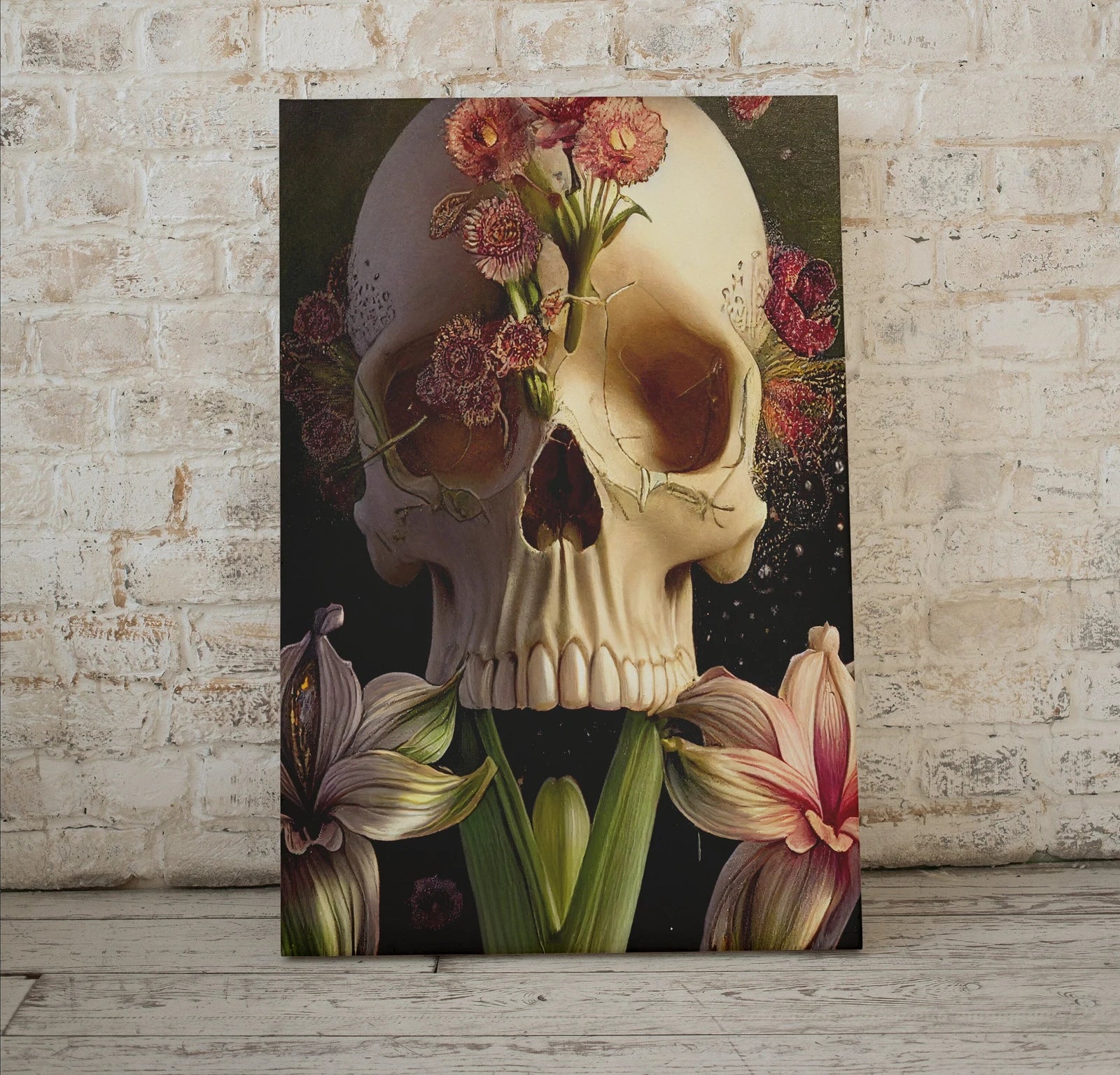 Detail view of artwork from Skull With Colorful Flowers. Printable Wall Art. Modern Floral Skull Painting Print. Digital Download. Skull Wall Decor Poster. Skull Art. (variation 1)