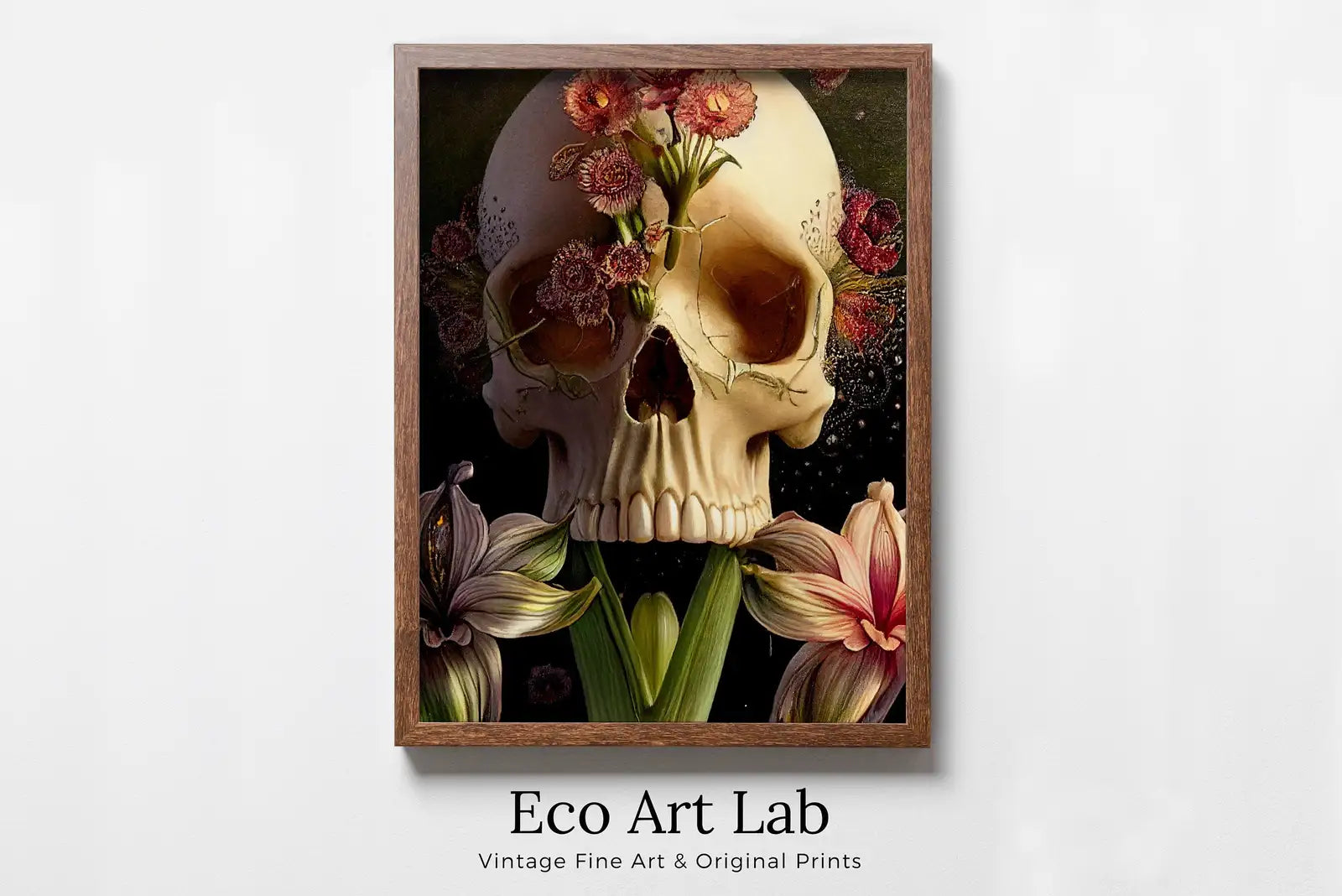 Framed view of Skull With Colorful Flowers. Printable Wall Art. Modern Floral Skull Painting Print. Digital Download. Skull Wall Decor Poster. Skull Art – printable wall art digital download.
