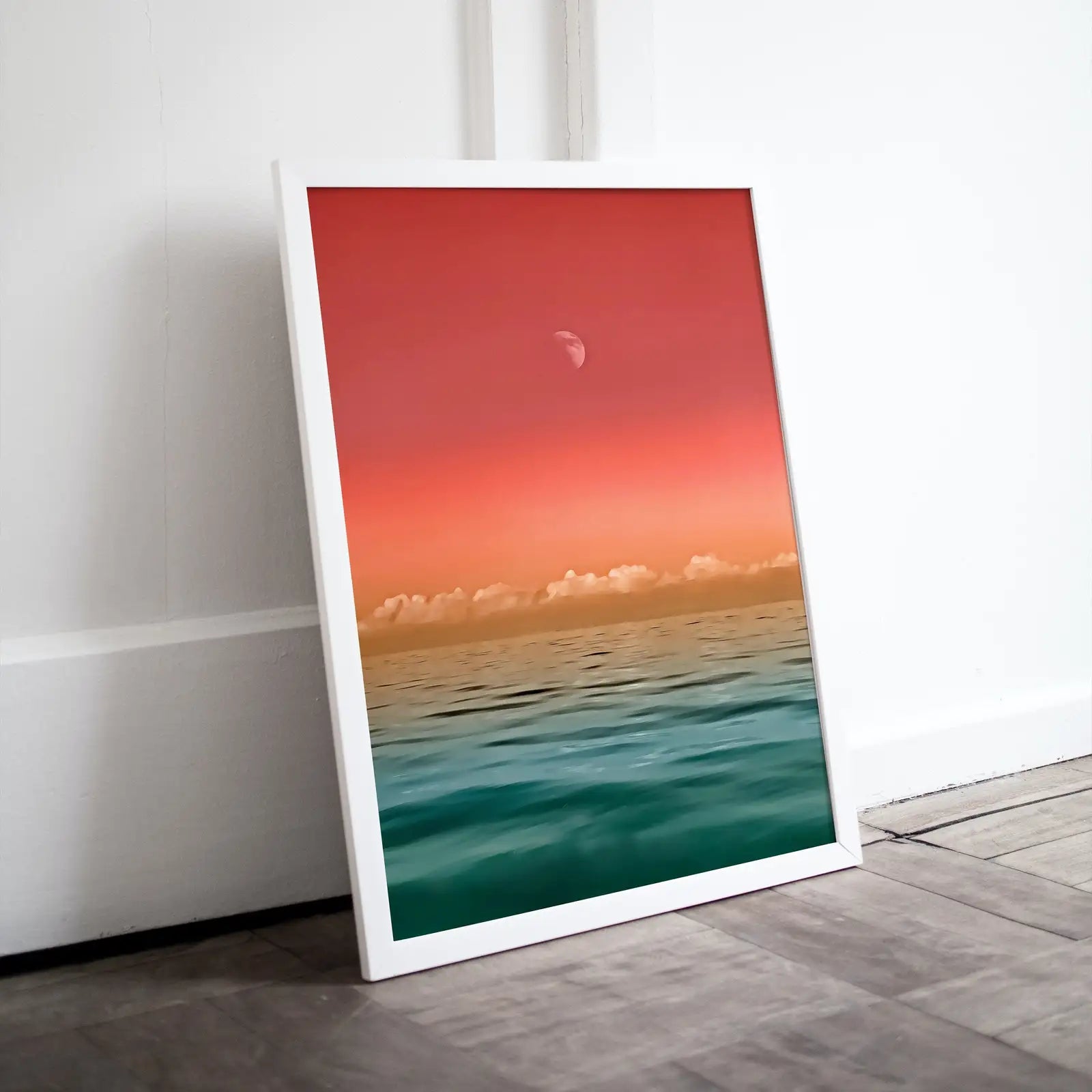 Included artwork preview showing first selection of artworks from Sky and Sea Gradient Evening Colors with Hazy Moon. Nautical Landscape Wall Art. Colorful Seascape Coastal Digital Printable Art. Beach Art.