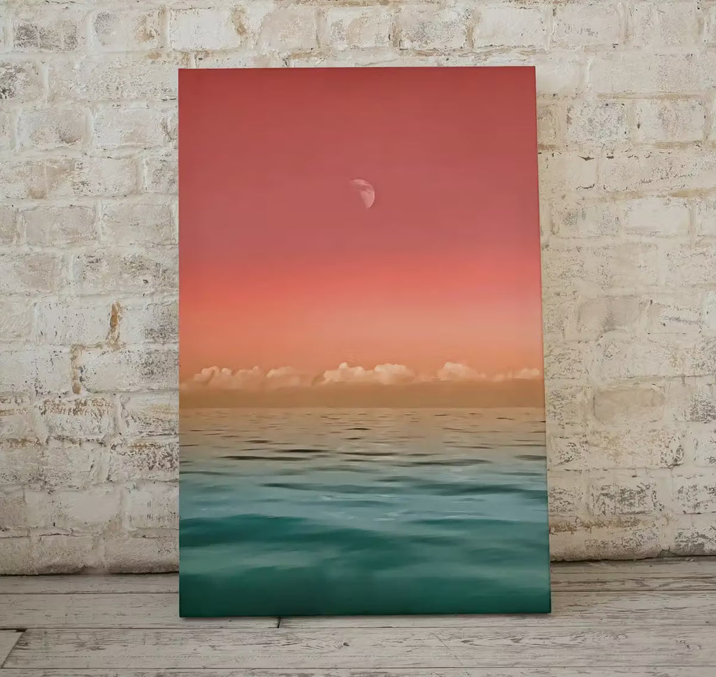 Sky and Sea Gradient Evening Colors with Hazy Moon. Nautical Landscape Wall Art. Colorful Seascape Coastal Digital Printable Art. Beach Art – Printable Wall Art