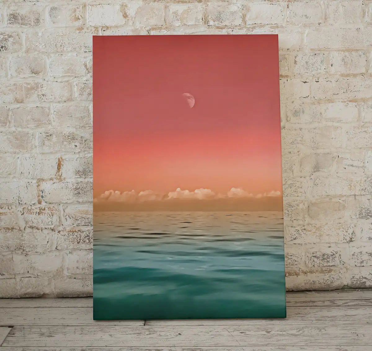 Detail view of artwork from Sky and Sea Gradient Evening Colors with Hazy Moon. Nautical Landscape Wall Art. Colorful Seascape Coastal Digital Printable Art. Beach Art. (variation 2)