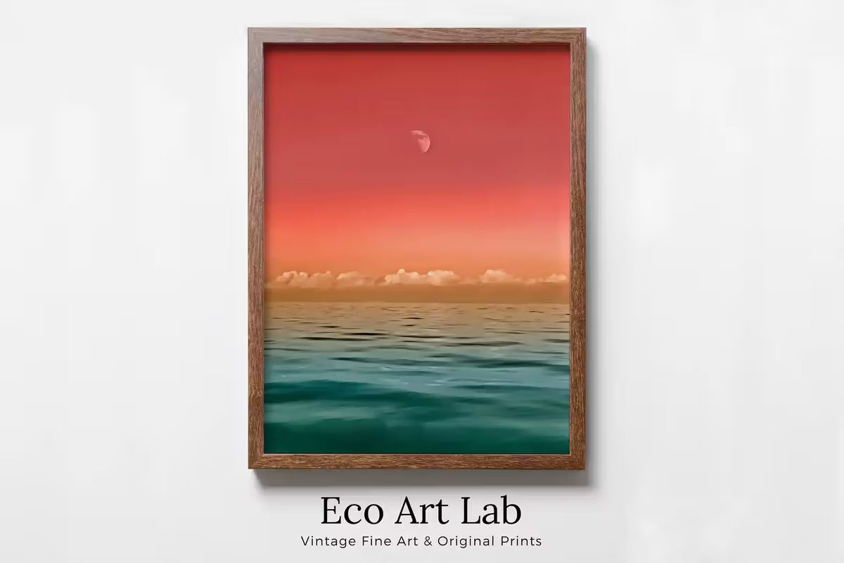 Sky and Sea Gradient Evening Colors with Hazy Moon. Nautical Landscape Wall Art. Colorful Seascape Coastal Digital Printable Art. Beach Art – Printable Wall Art