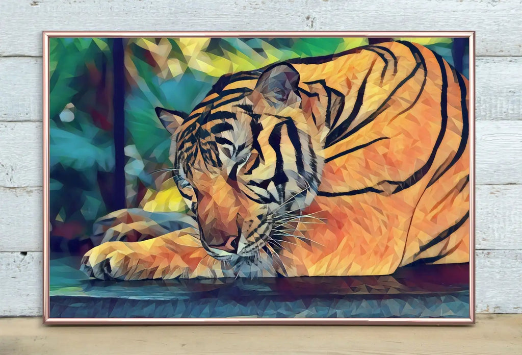 Detail view of artwork from Sleeping Tiger Wall Art Print, Year of the Tiger Printable Wall Art, Colorful Tiger Painting, Animal Print, Nature Wildlife Instant Download. (variation 1)