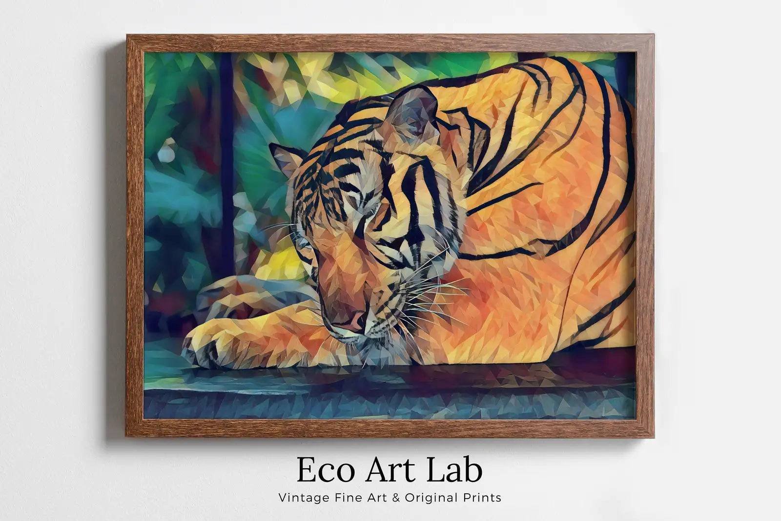 Framed view of Sleeping Tiger Wall Art Print, Year of the Tiger Printable Wall Art, Colorful Tiger Painting, Animal Print, Nature Wildlife Instant Download – printable wall art digital download.