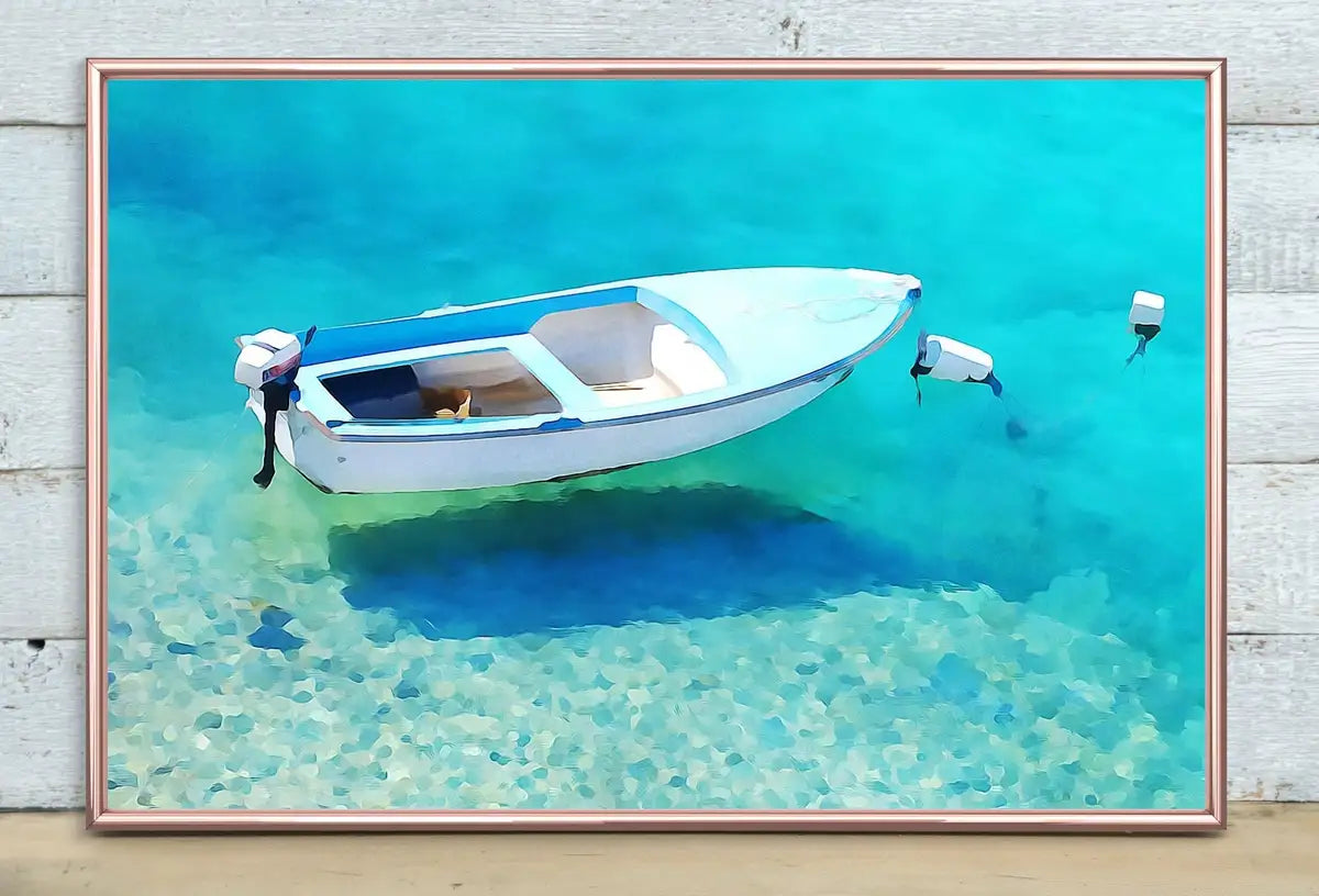 Detail view of artwork from Small Boat Floating at Sea Landscape Painting, Colorful Printable Wall Art, Home or Office Decor, Nature Print Digital Art Instant Download. (variation 2)