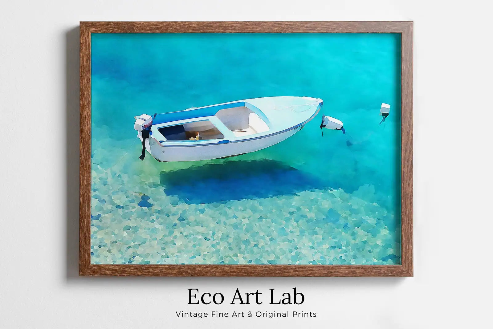 Framed view of Small Boat Floating at Sea Landscape Painting, Colorful Printable Wall Art, Home or Office Decor, Nature Print Digital Art Instant Download – printable wall art digital download.