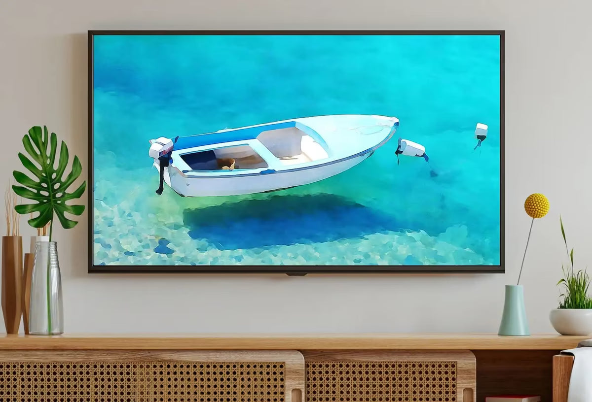 Small Boat Floating at Sea Landscape Painting, Frame TV Art , Digital Art for Tv, Colorful Art for Frame TV – Frame TV  Art