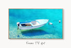 Small Boat Floating at Sea Landscape Painting, Frame TV Art Digital Download, Digital Art for Tv, Colorful Art for Frame TV displayed on Samsung Frame TV on a living room wall.