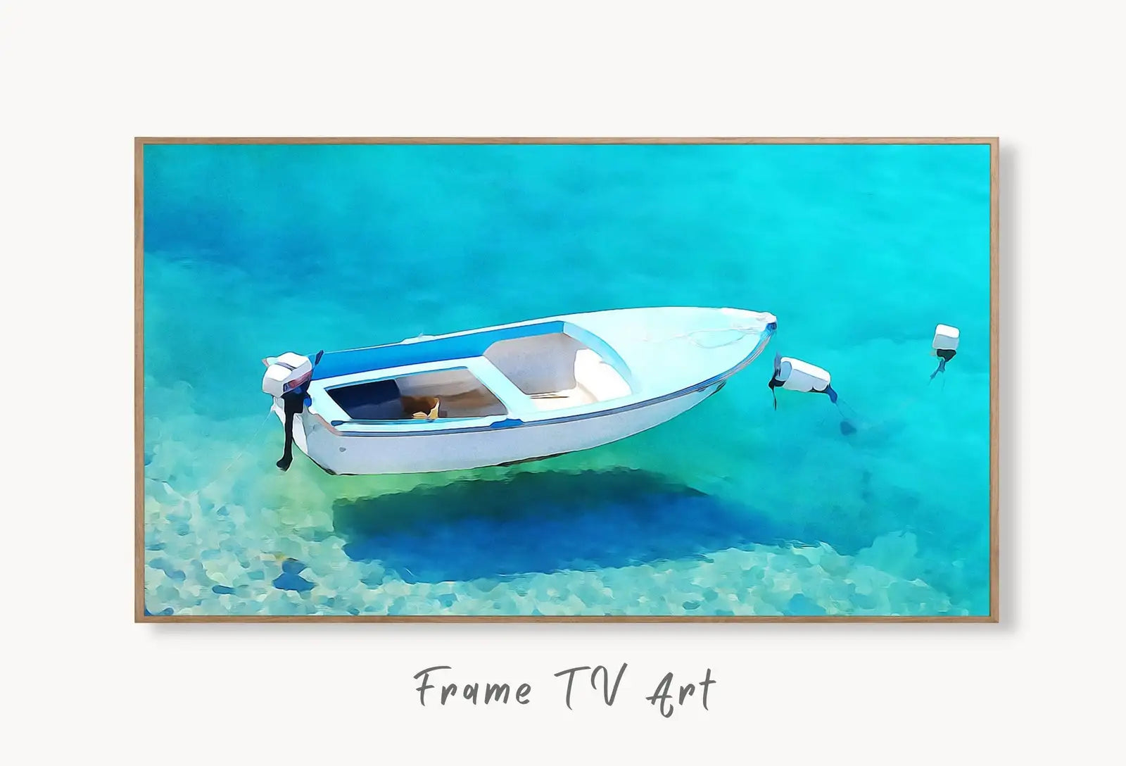 Small Boat Floating at Sea Landscape Painting, Frame TV Art Digital Download, Digital Art for Tv, Colorful Art for Frame TV displayed on Samsung Frame TV on a living room wall.