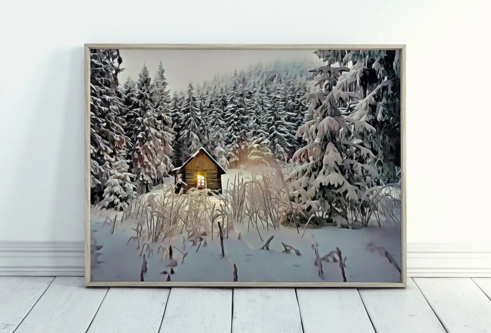 Included artwork preview showing first selection of artworks from Small Cabin in the Snow Winter Landscape Painting. Printable Wall Art, for Home or Office Decor, Nature Print Digital Art Instant Download.