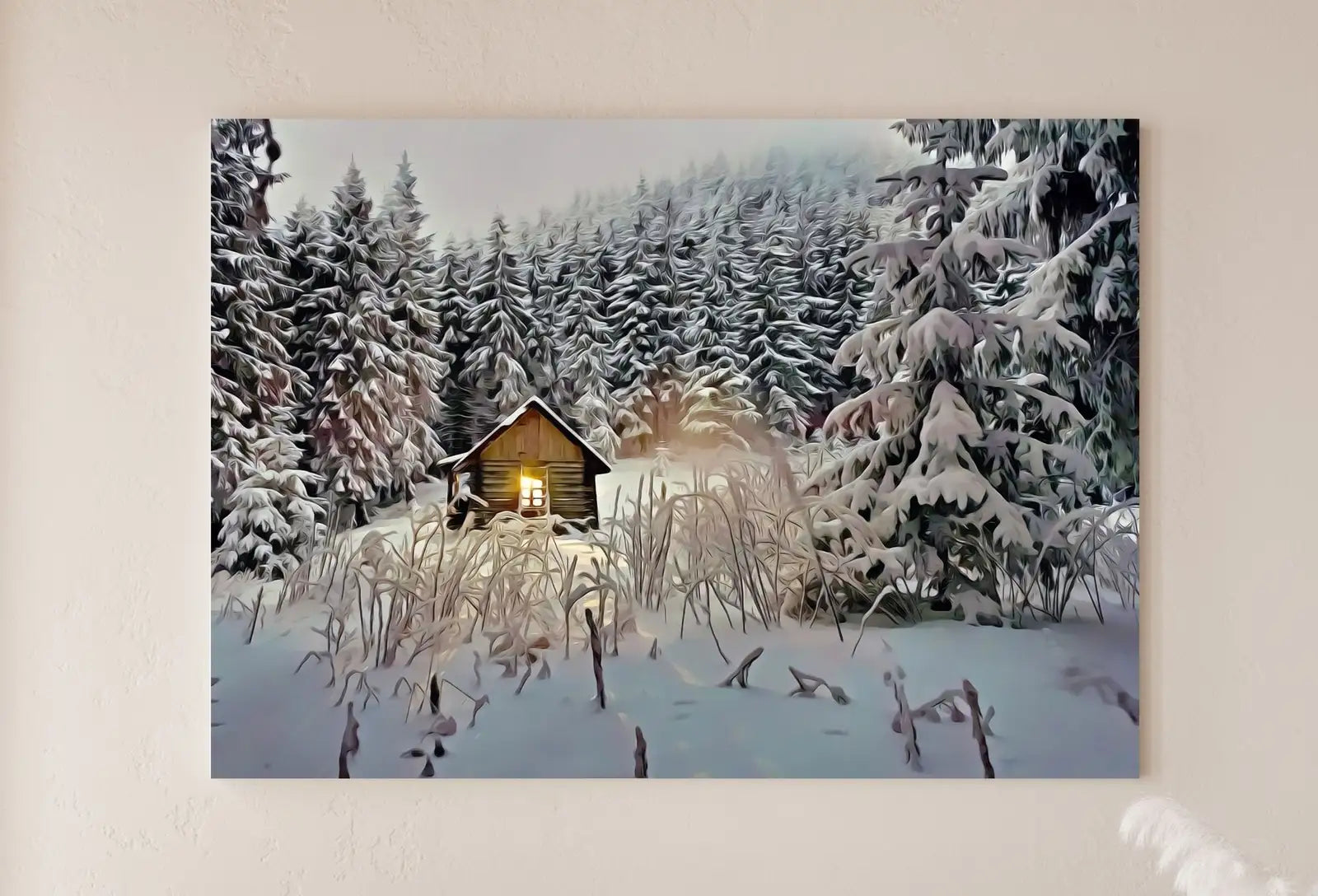 Detail view of artwork from Small Cabin in the Snow Winter Landscape Painting. Printable Wall Art, for Home or Office Decor, Nature Print Digital Art Instant Download. (variation 1)